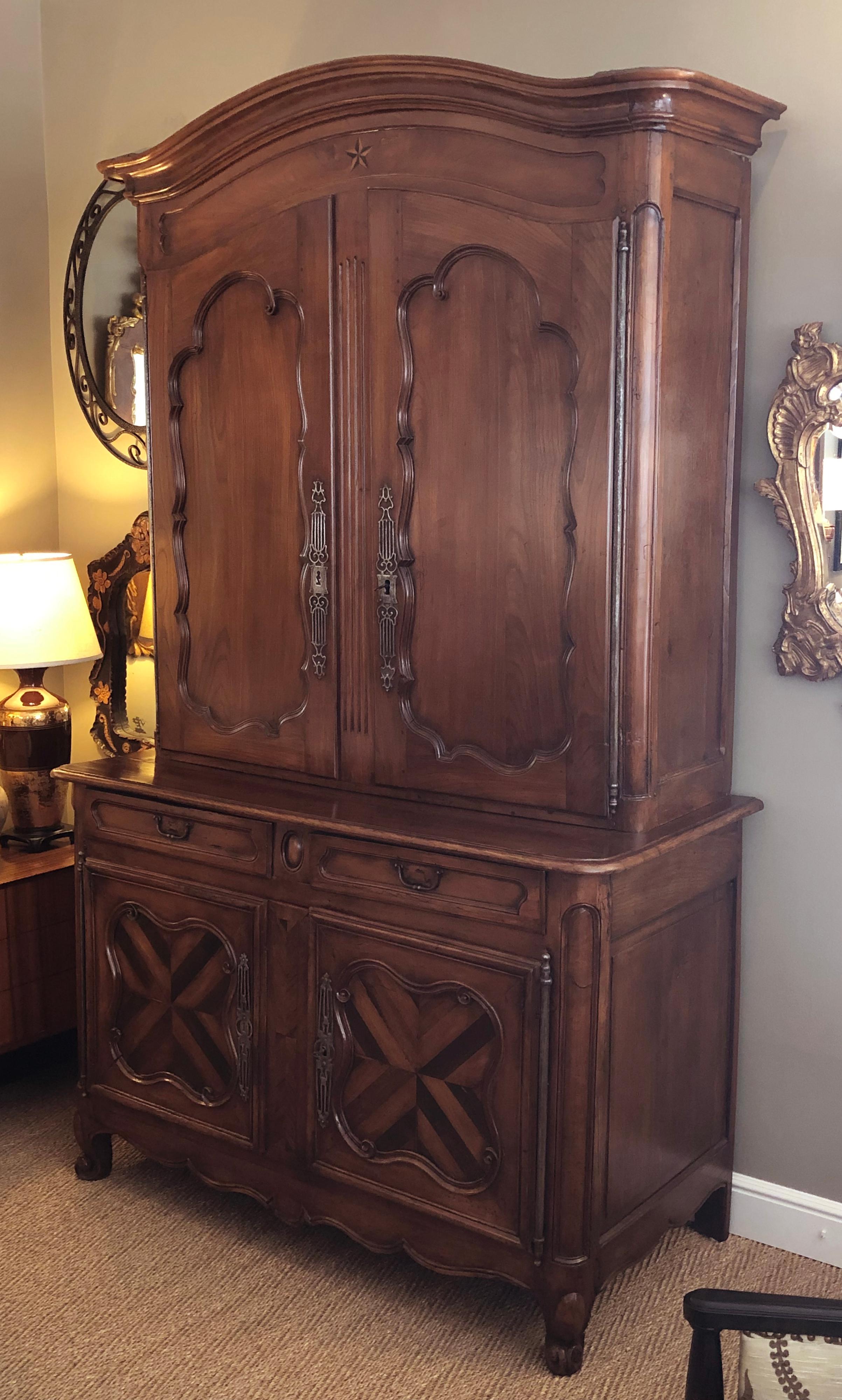 Carved Impressive French Provincial Walnut Buffet-a-Deux-Corps/Cabinet For Sale
