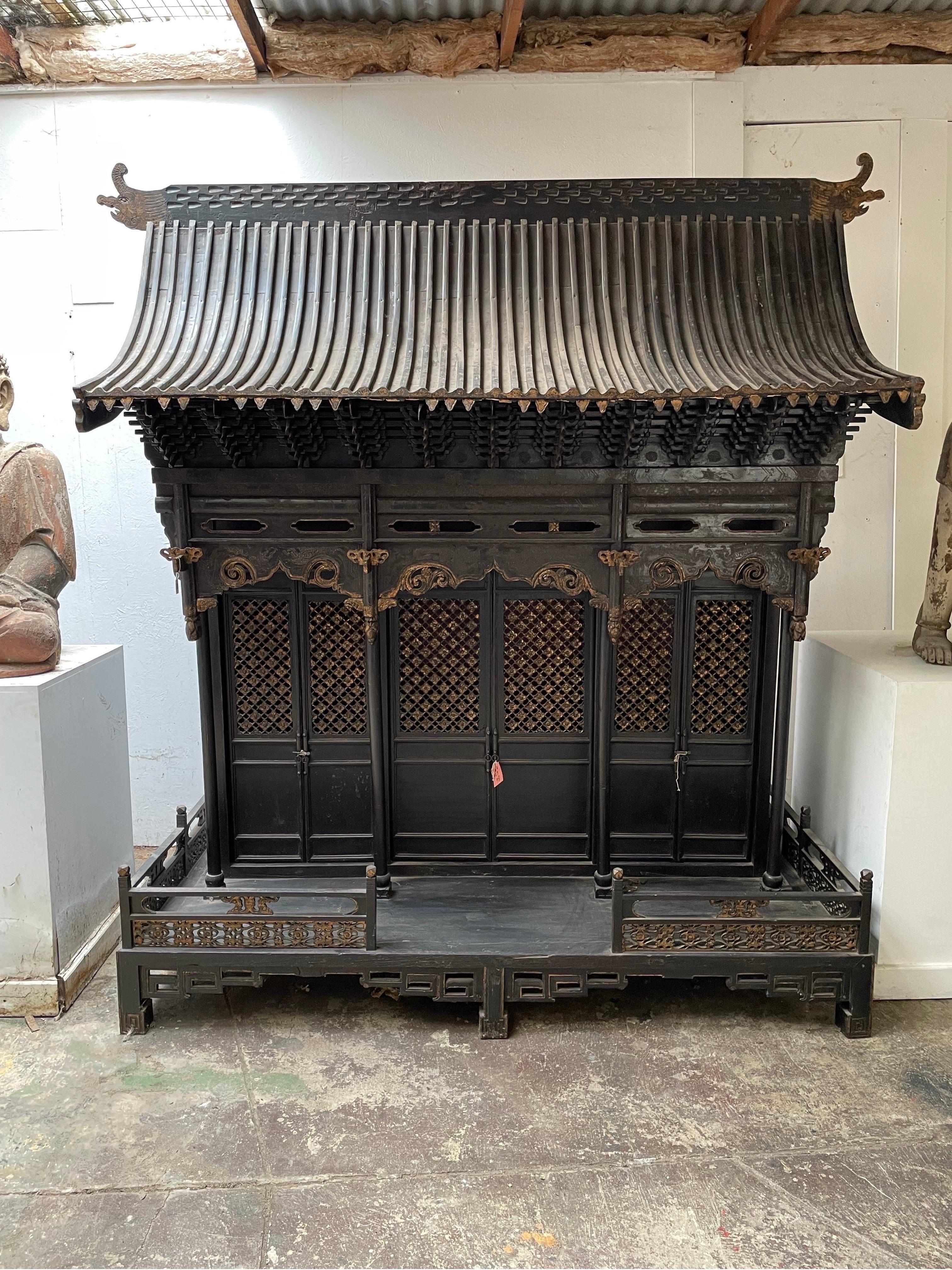 Hand-Carved An Impressive Large Chinese Black Lacquered Wood Temple, Late 19th Century For Sale