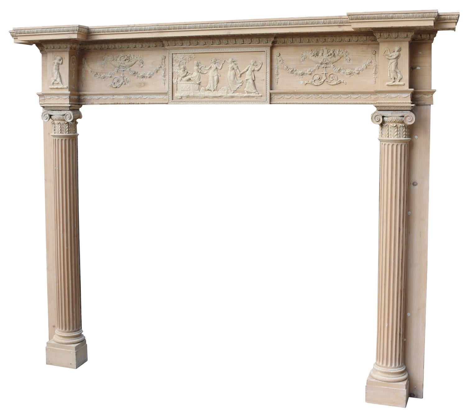 An English, late George III fire surround with breakfront mantle, and applied composition (gesso) decoration.

Additional Dimensions

(For scale purposes Boris (in the photograph) is 6”4’)

Opening Height 153 cm

Opening Width 172