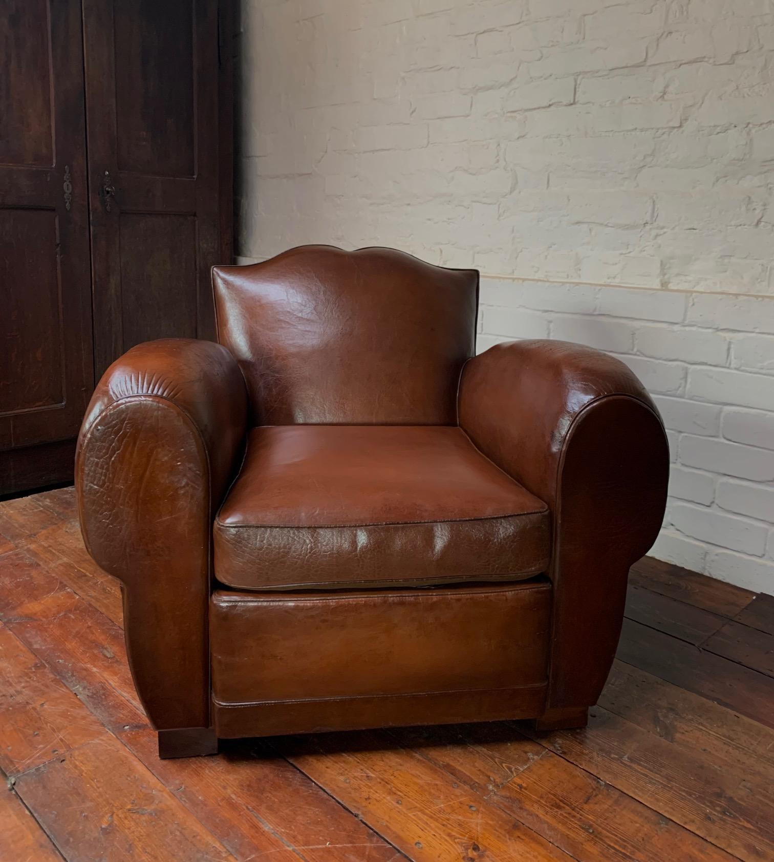 An Impressive & Original French Leather Club Chair, Moustache Model Circa 1930's 7
