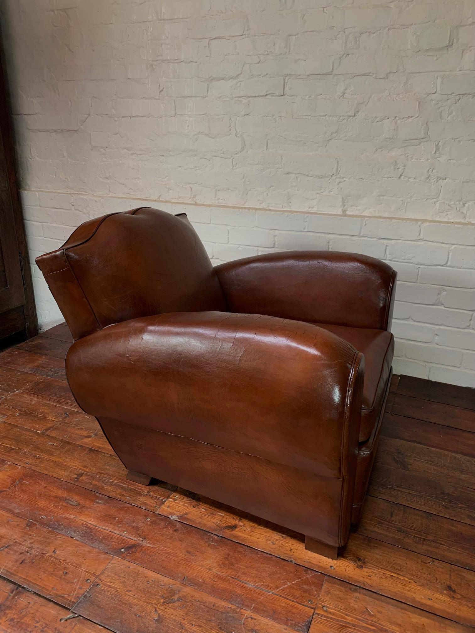Art Deco An Impressive & Original French Leather Club Chair, Moustache Model Circa 1930's