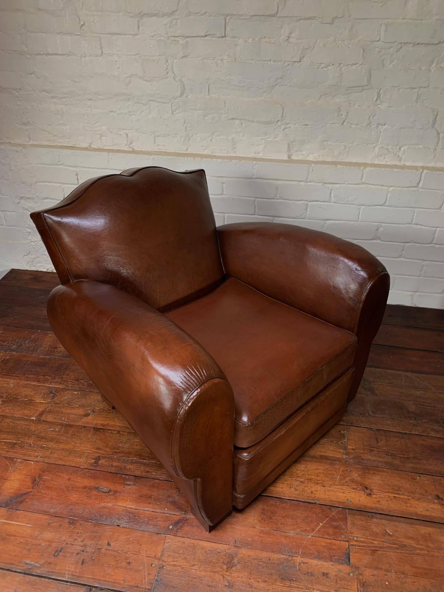 An Impressive & Original French Leather Club Chair, Moustache Model Circa 1930's In Excellent Condition In Hastings, GB