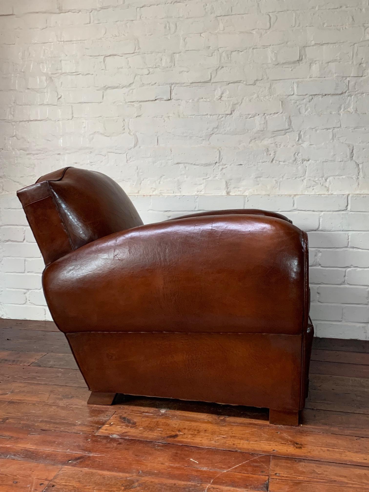 20th Century An Impressive & Original French Leather Club Chair, Moustache Model Circa 1930's