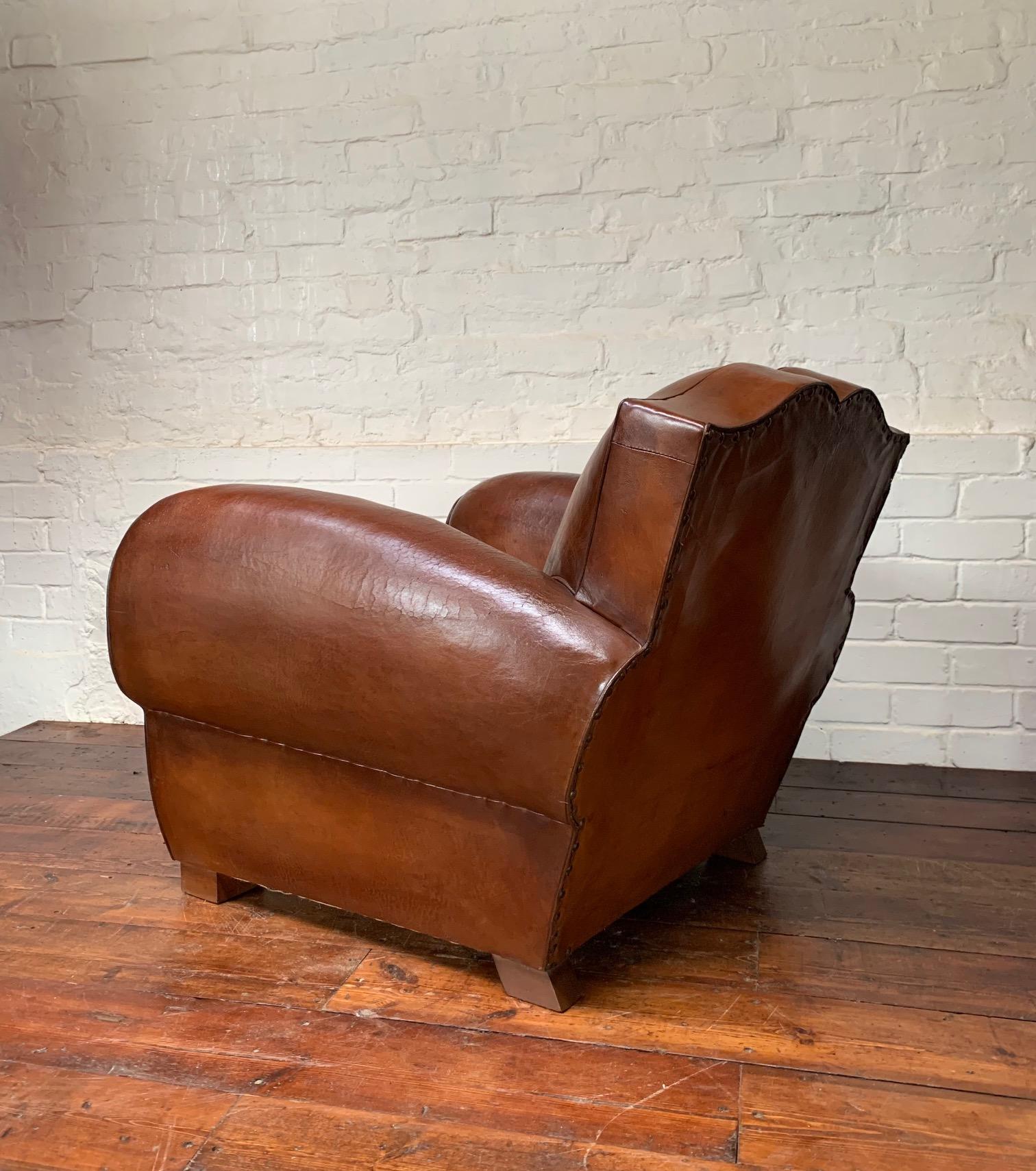 An Impressive & Original French Leather Club Chair, Moustache Model Circa 1930's 2