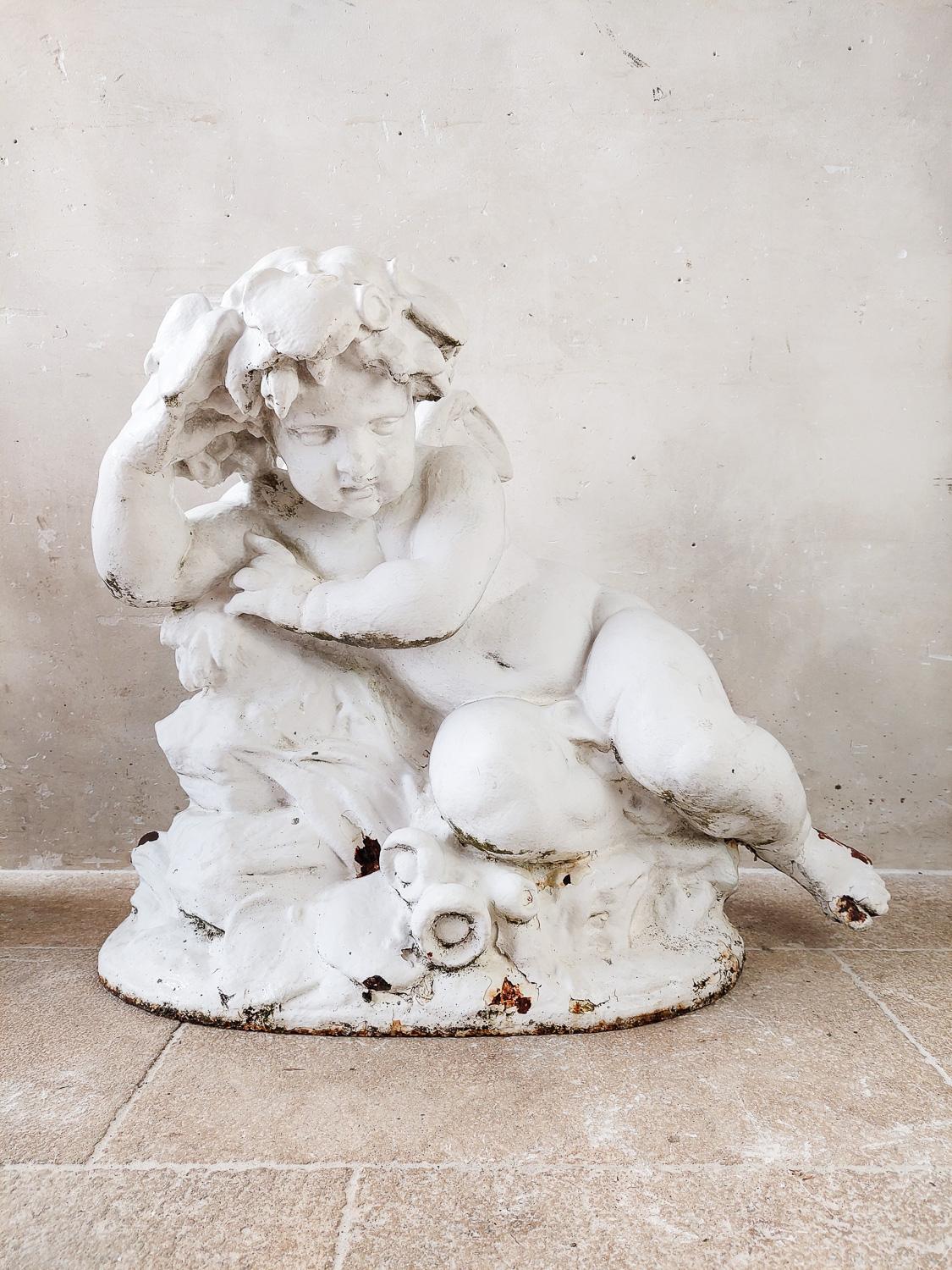 Impressive Pair of 19th Century Monumental Sized Cast Iron Putti For Sale 1