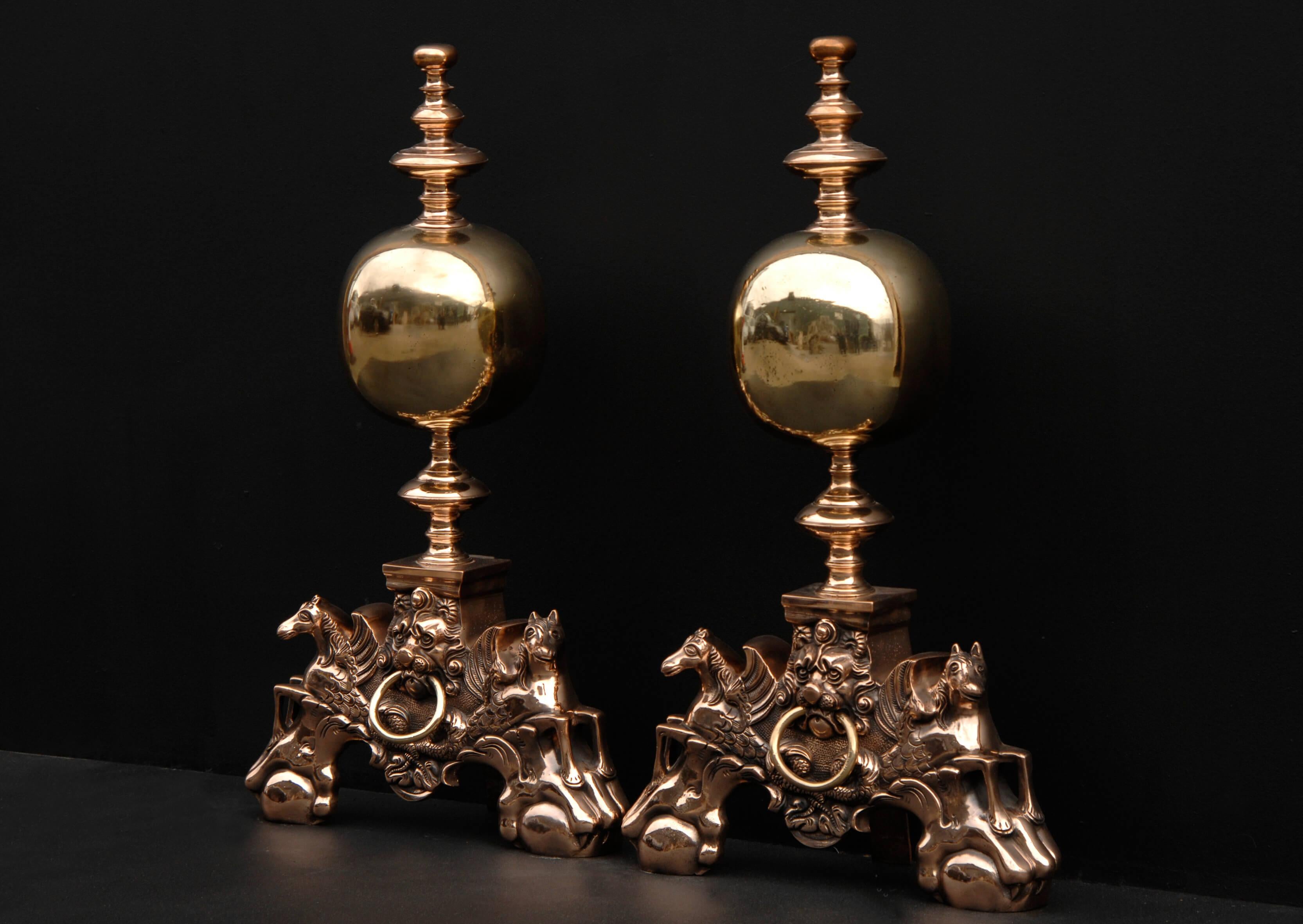 19th Century Impressive Pair of Brass Firedogs For Sale