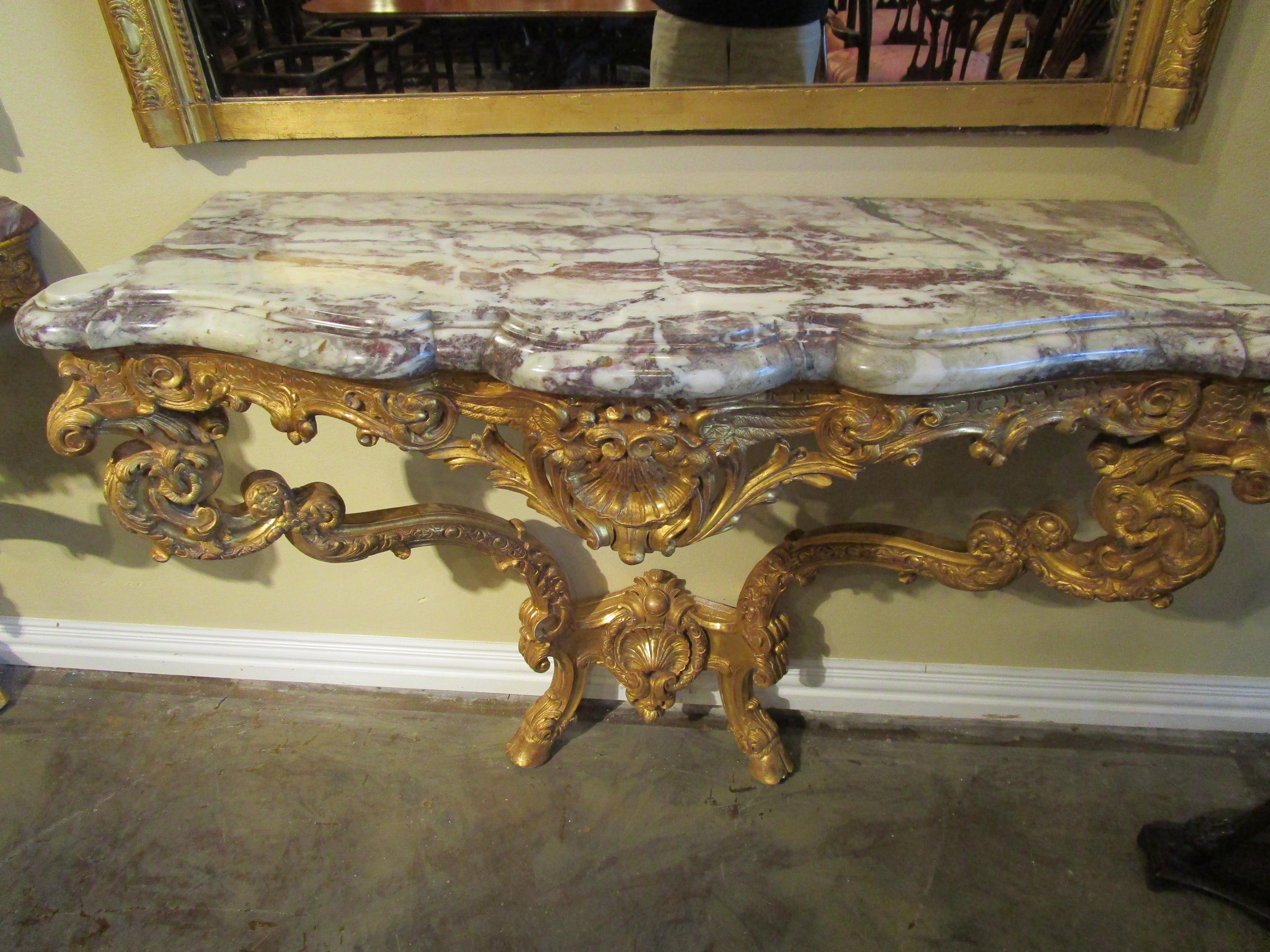 Impressive Pair of Early 19th Century French Louis XV Gilt Consoles In Good Condition In Dallas, TX