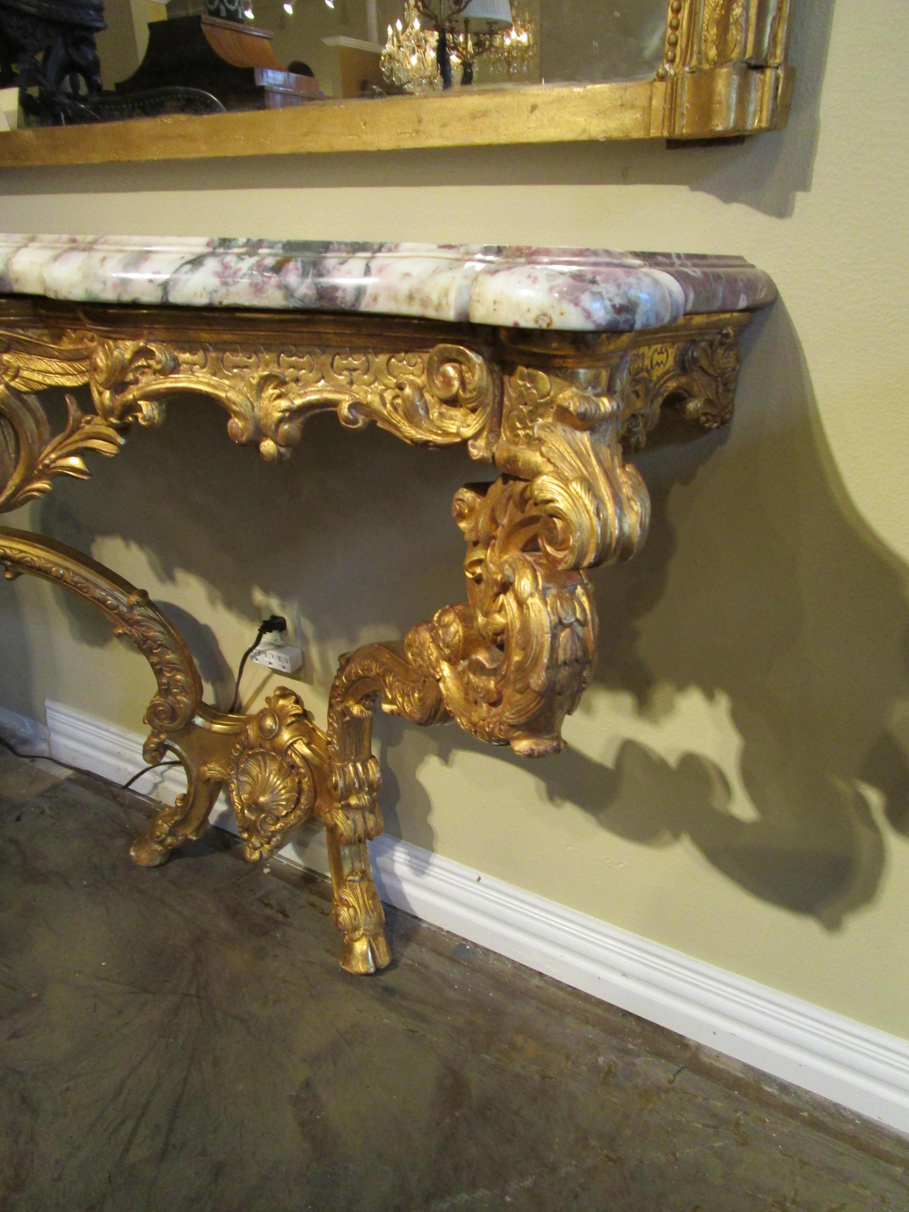 Breccia Marble Impressive Pair of Early 19th Century French Louis XV Gilt Consoles