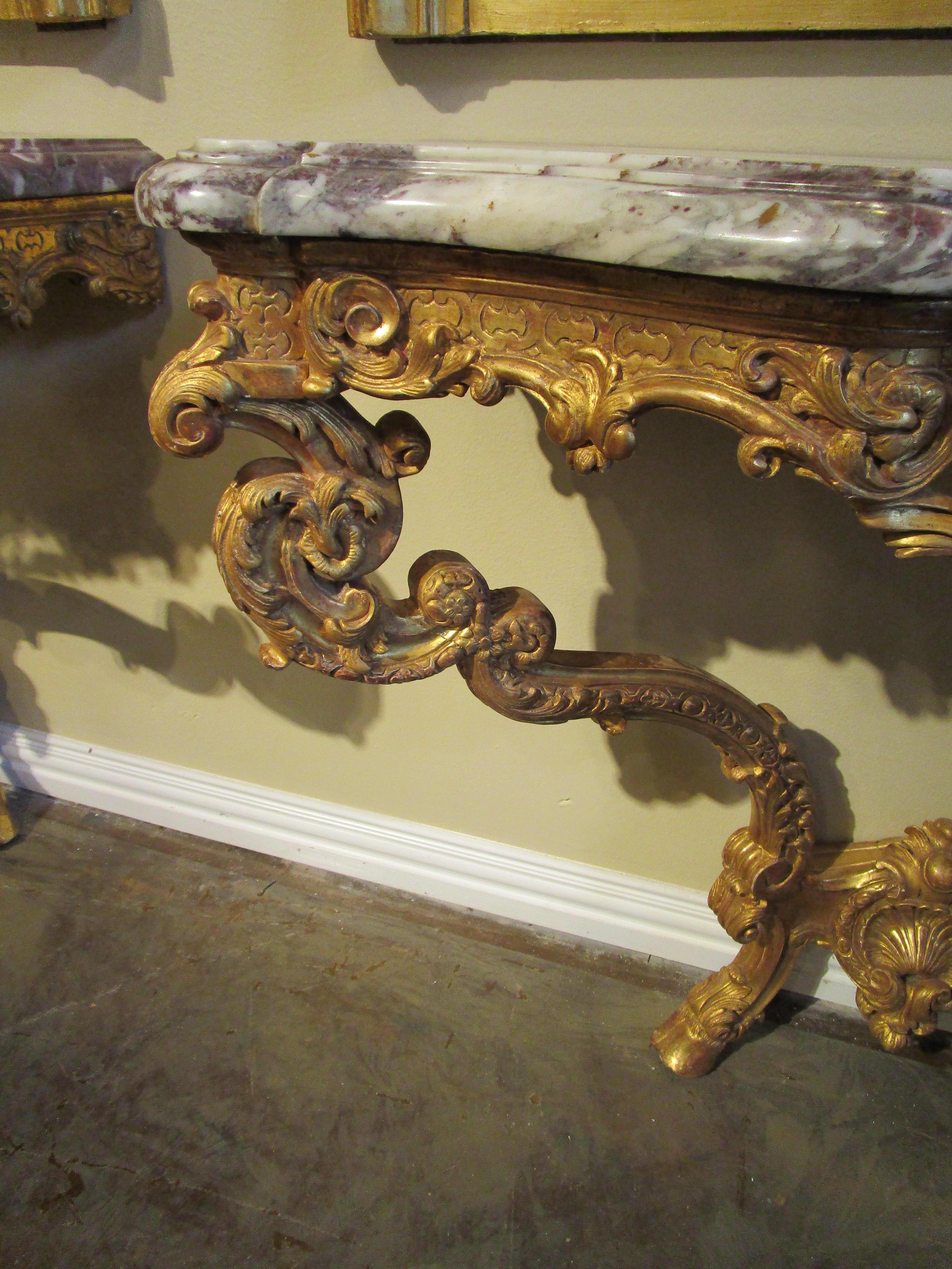 Impressive Pair of Early 19th Century French Louis XV Gilt Consoles 2