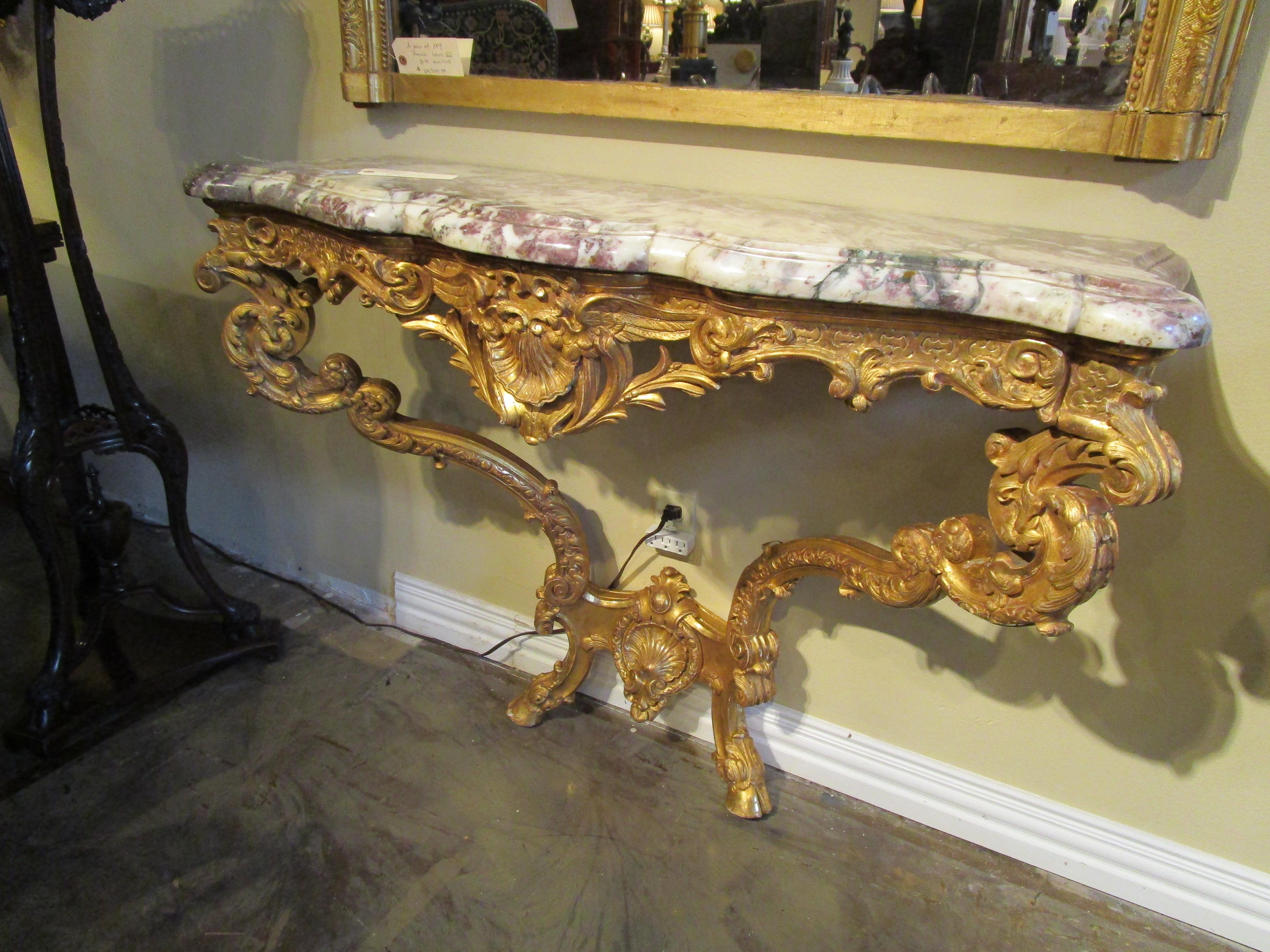 Impressive Pair of Early 19th Century French Louis XV Gilt Consoles 4