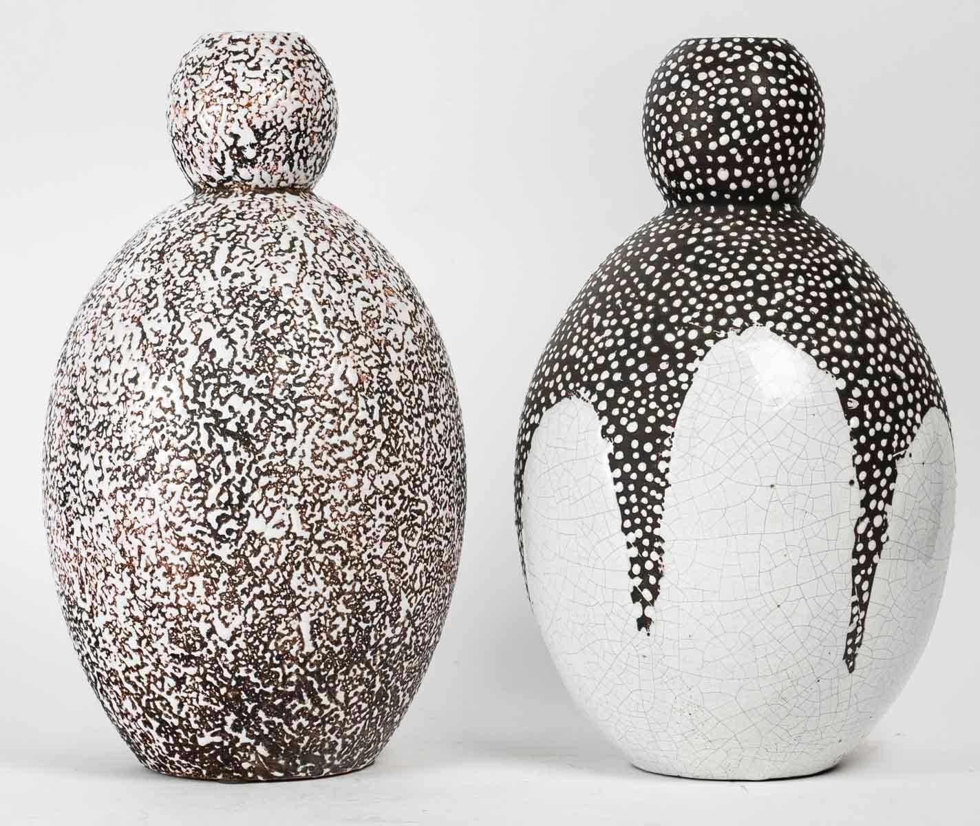Large Pair of Very Decoratives Gourd Shape Enameled Ceramic Vases
 
One with shagreen brown and craquele white enamel design
Signed Primavera, Made in France under the base 
Model N° 13841
Circa 1924-1925
France
The other one with shagreen black and