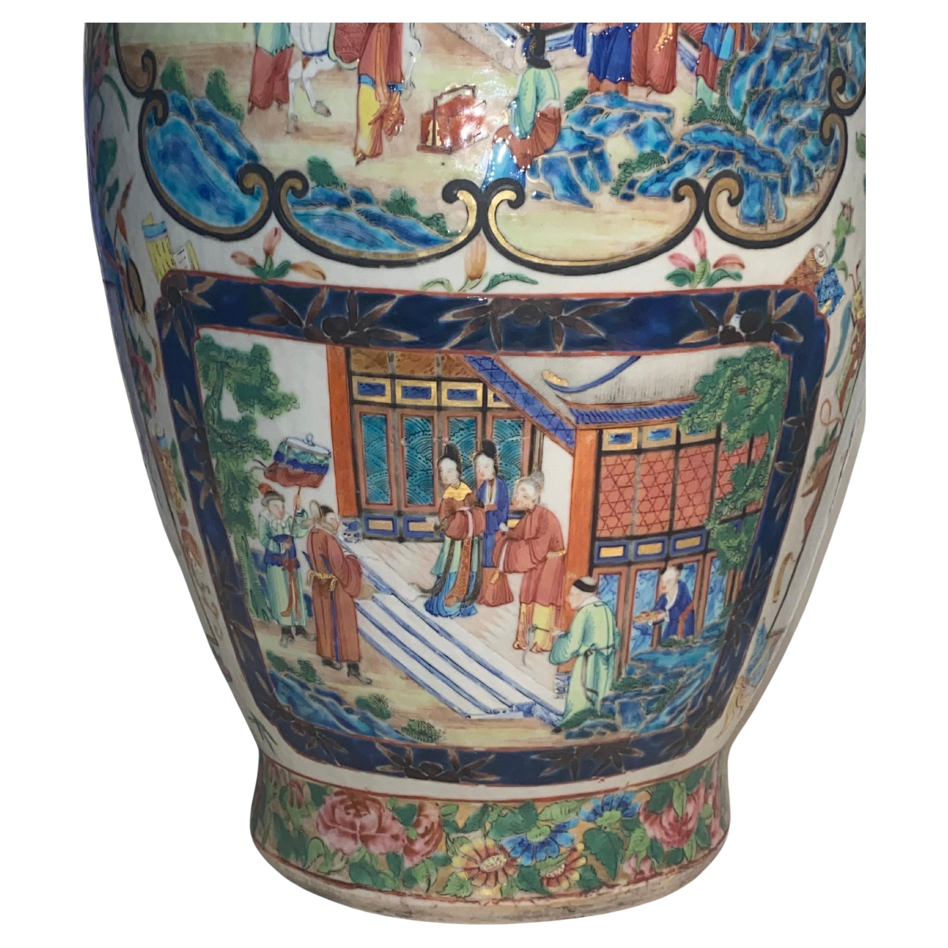 Porcelain An Impressive Quality Pair Cantonese Famille Rose Medallion Vases 19th Century For Sale