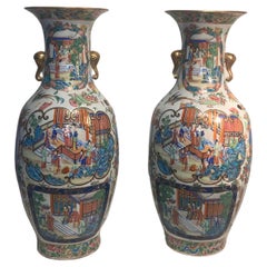 Antique An Impressive Quality Pair Cantonese Famille Rose Medallion Vases 19th Century