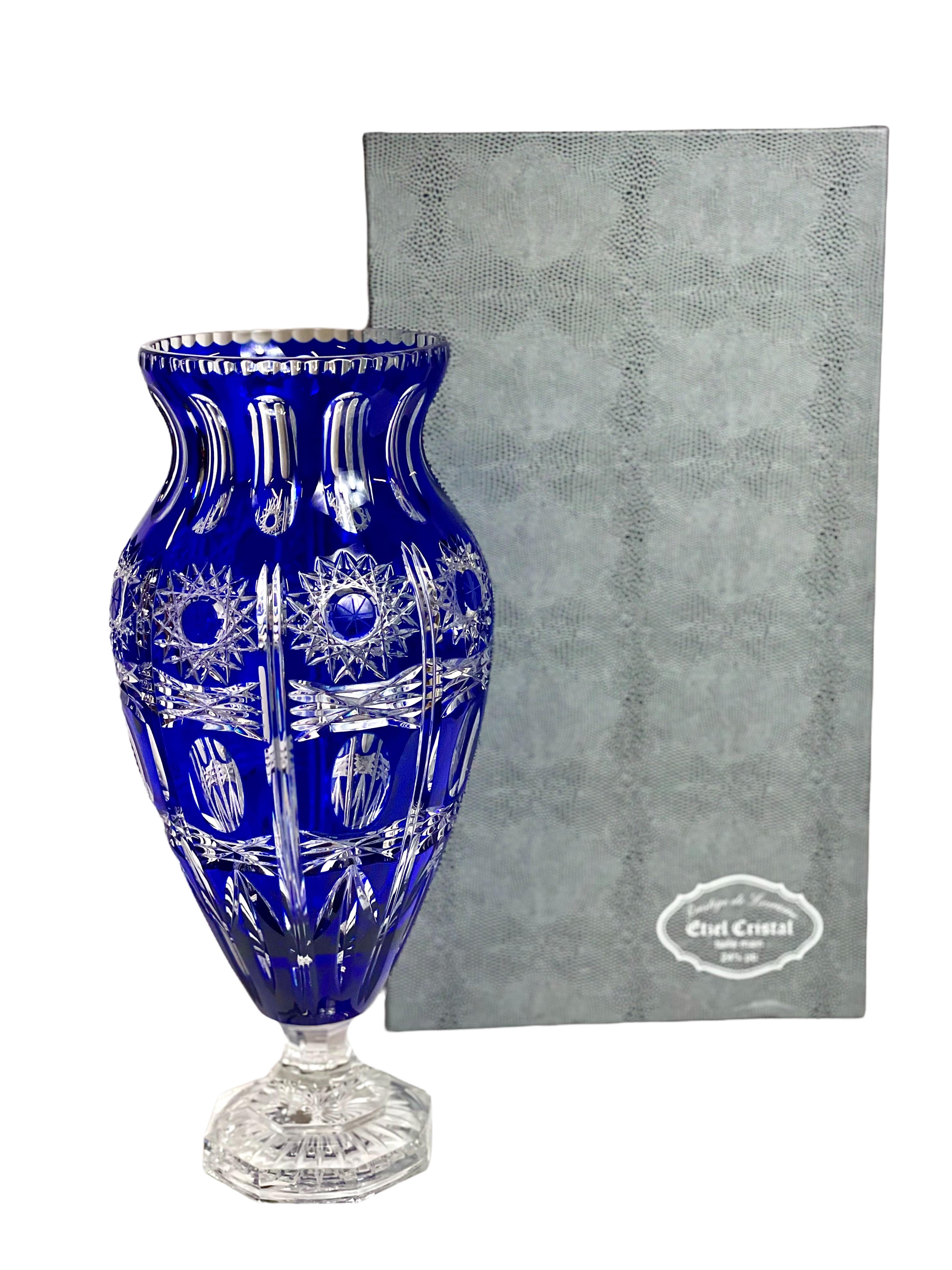 20th Century Saint Louis Blue Overlay Crystal Baluster Vase in its Original Box