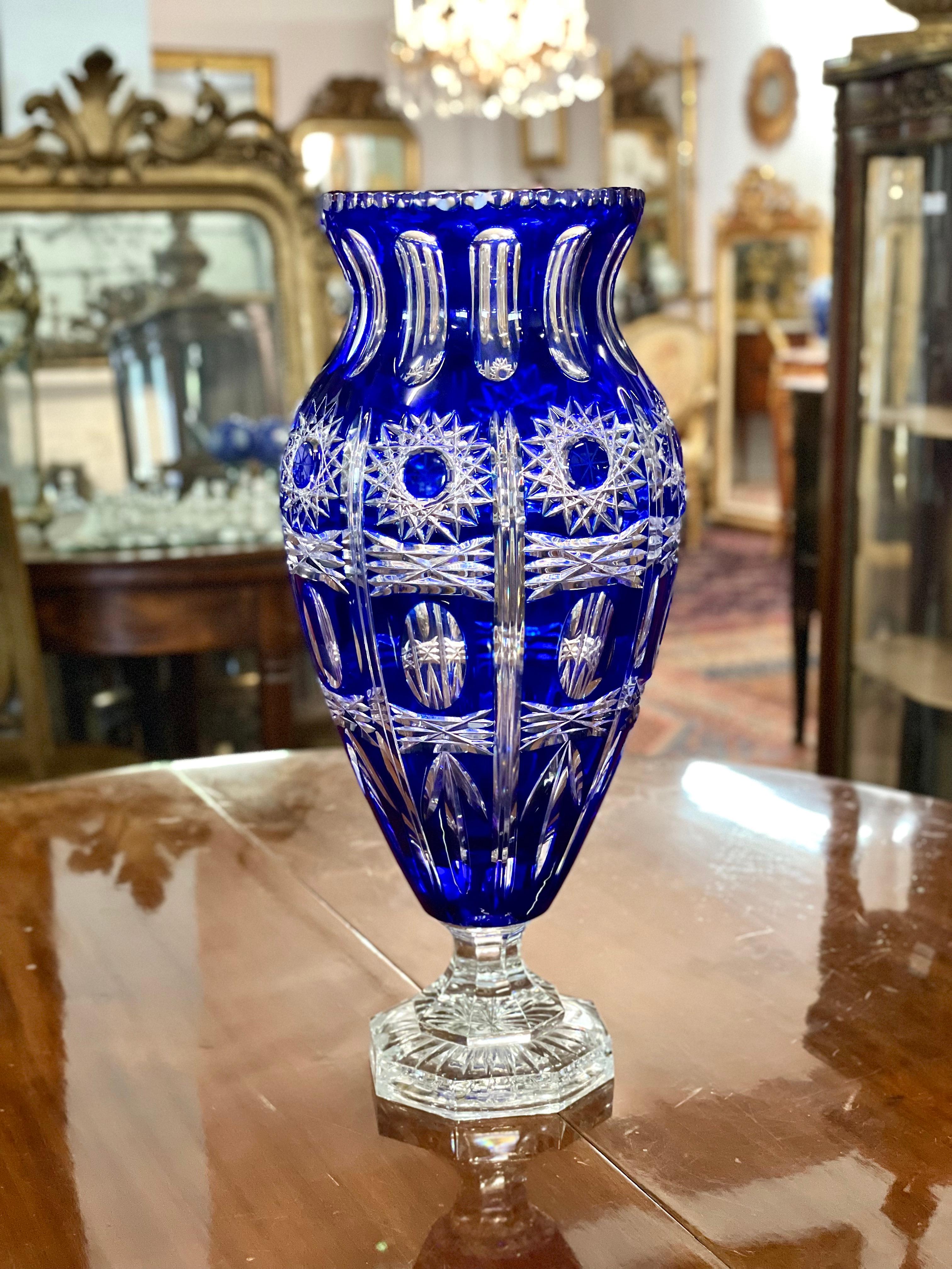 Saint Louis Blue Overlay Crystal Baluster Vase in its Original Box 1