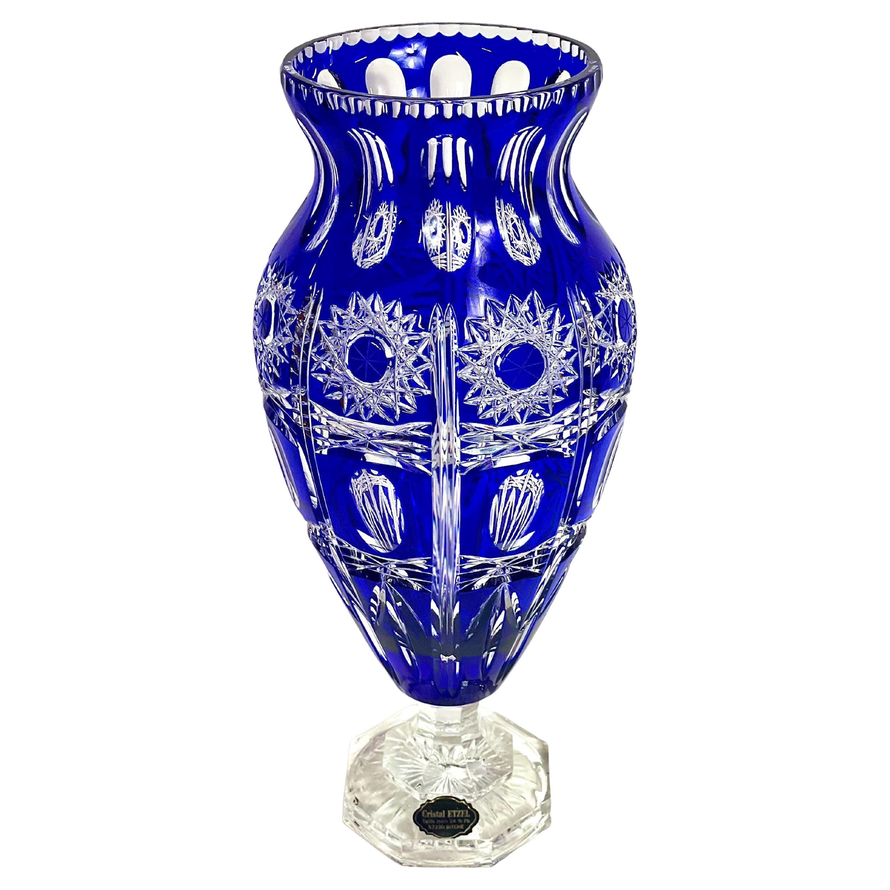 Saint Louis Blue Overlay Crystal Baluster Vase in its Original Box