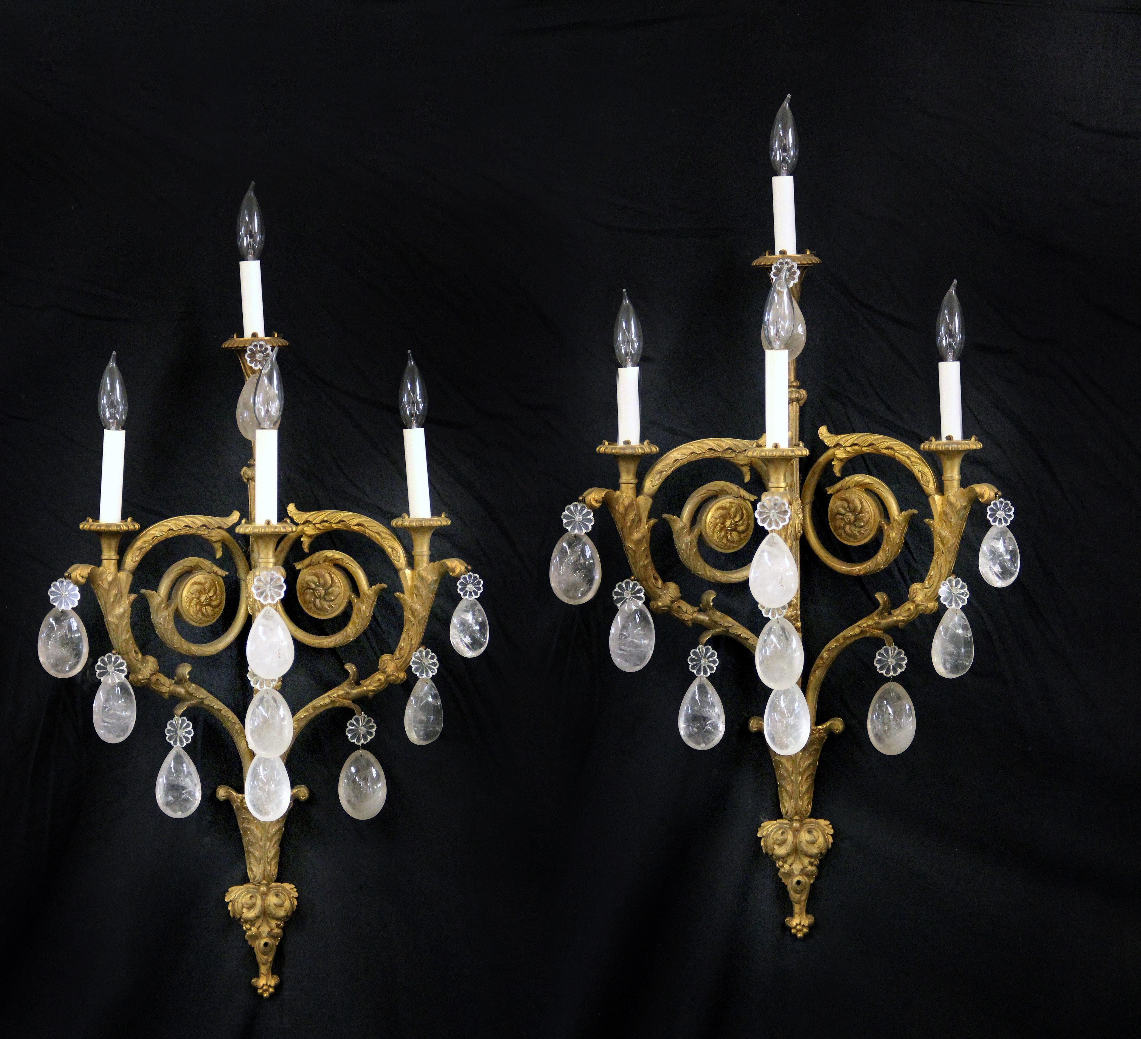 Belle Époque Impressive Set of Four Late 19th Century Gilt Bronze and Rock Crystal Sconces For Sale