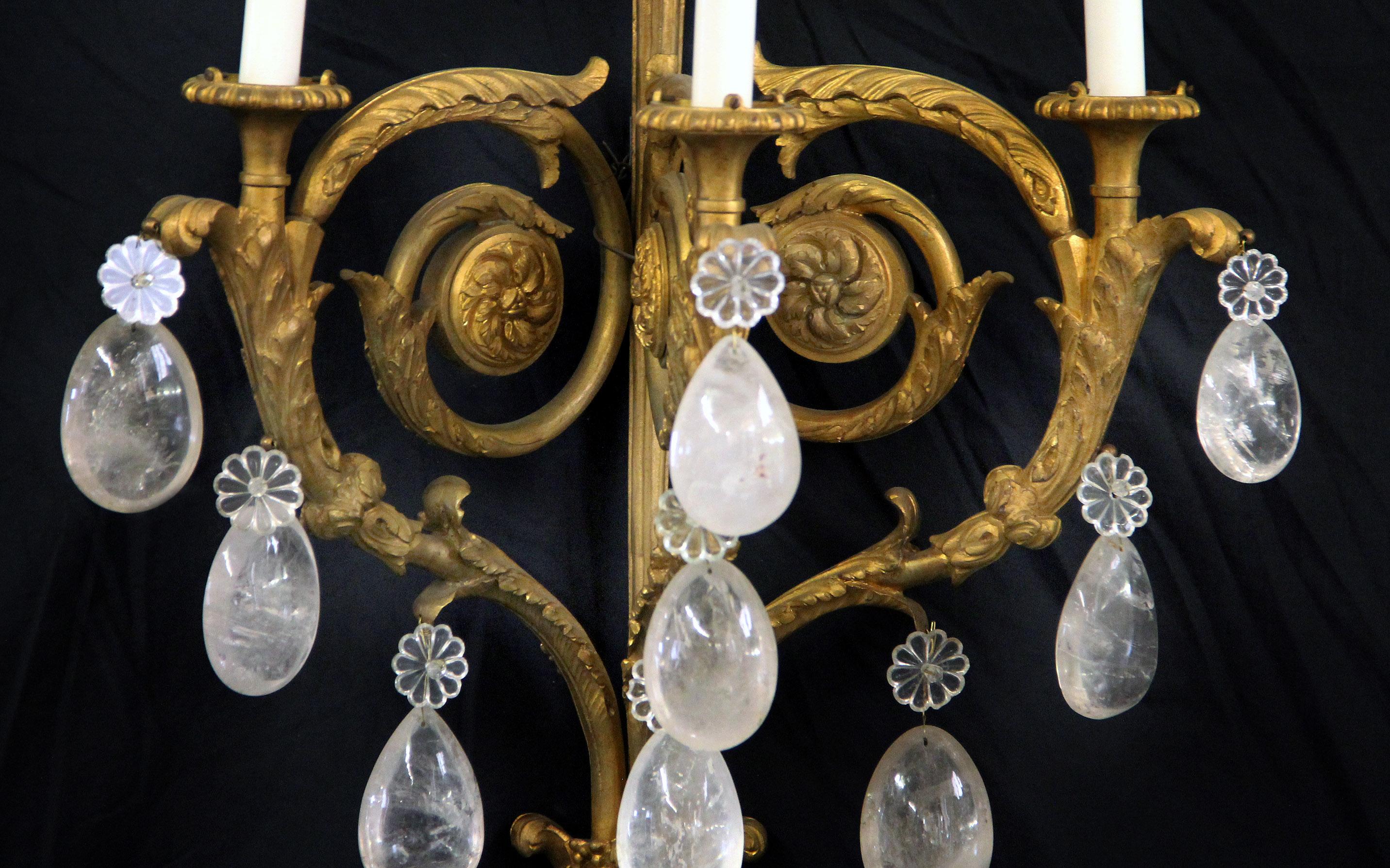 French Impressive Set of Four Late 19th Century Gilt Bronze and Rock Crystal Sconces For Sale