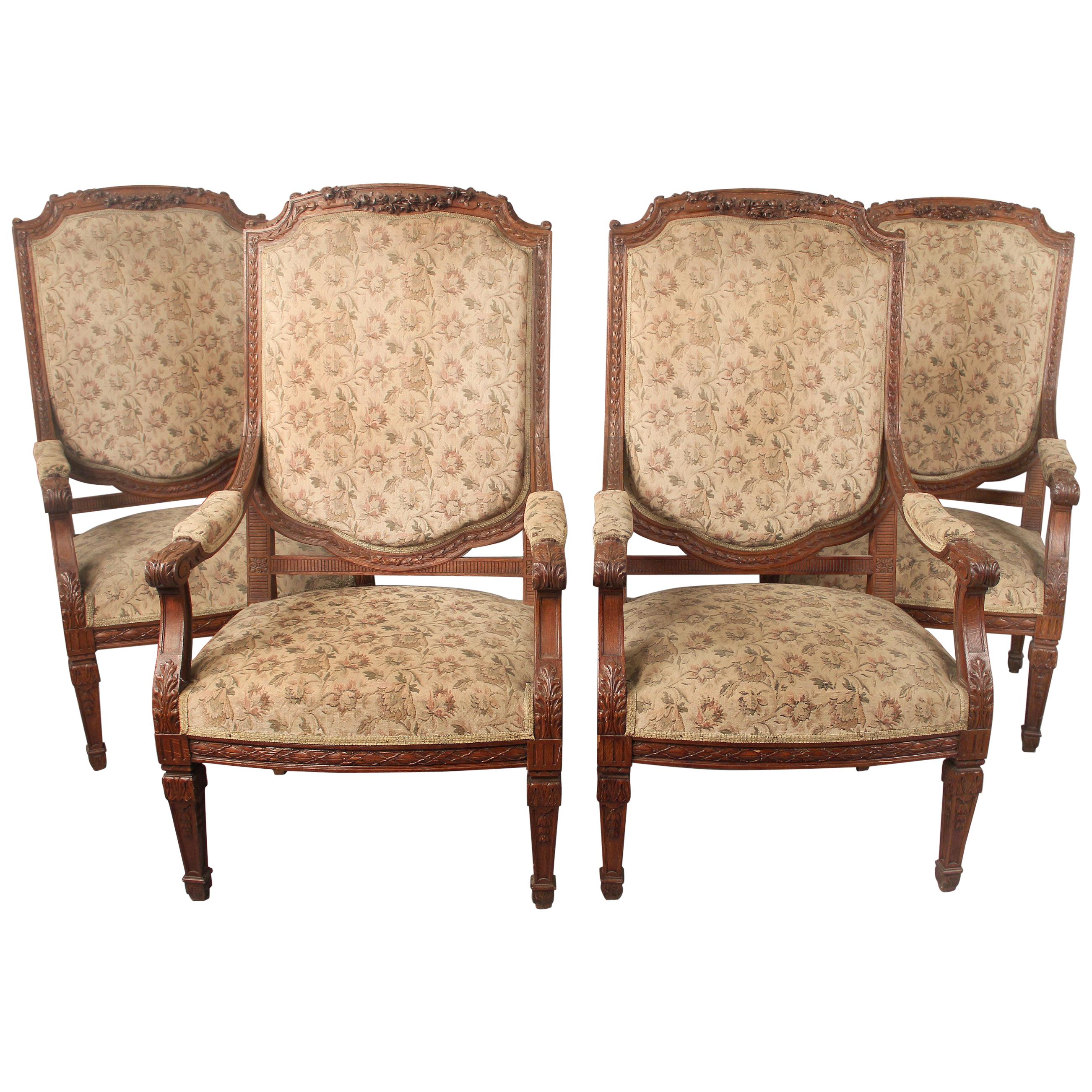 Impressive Set of Four Late 19th Century Louis XVI Style Carved Armchairs