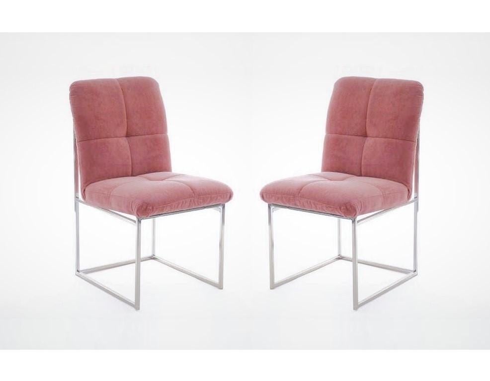 Dynamic and elegant design by Cal-Style in the United States, circa 1970s. Twelve stunning dining chairs with the Classic thin chrome frames supporting perfectly sized newly upholstered seats and backs in a mauve color velvet fabric for optimal