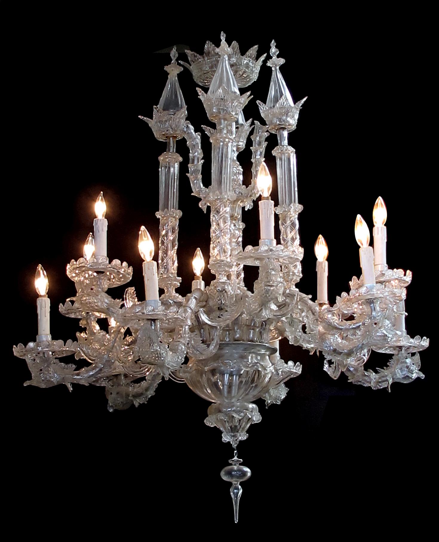 An outstanding example of Venetian glasswork, the center support surrounded by 4 tall glass spires above a large bowl and pendant; all emanating 12 curvaceous arms sheathed in imbricated glass rings ending in expressive dolphin heads supporting