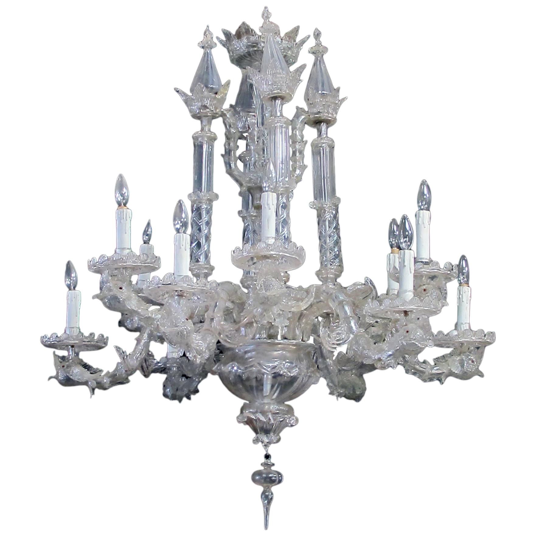 Impressive Venetian Glass 12-Light Chandelier with Dolphin-Form Arms