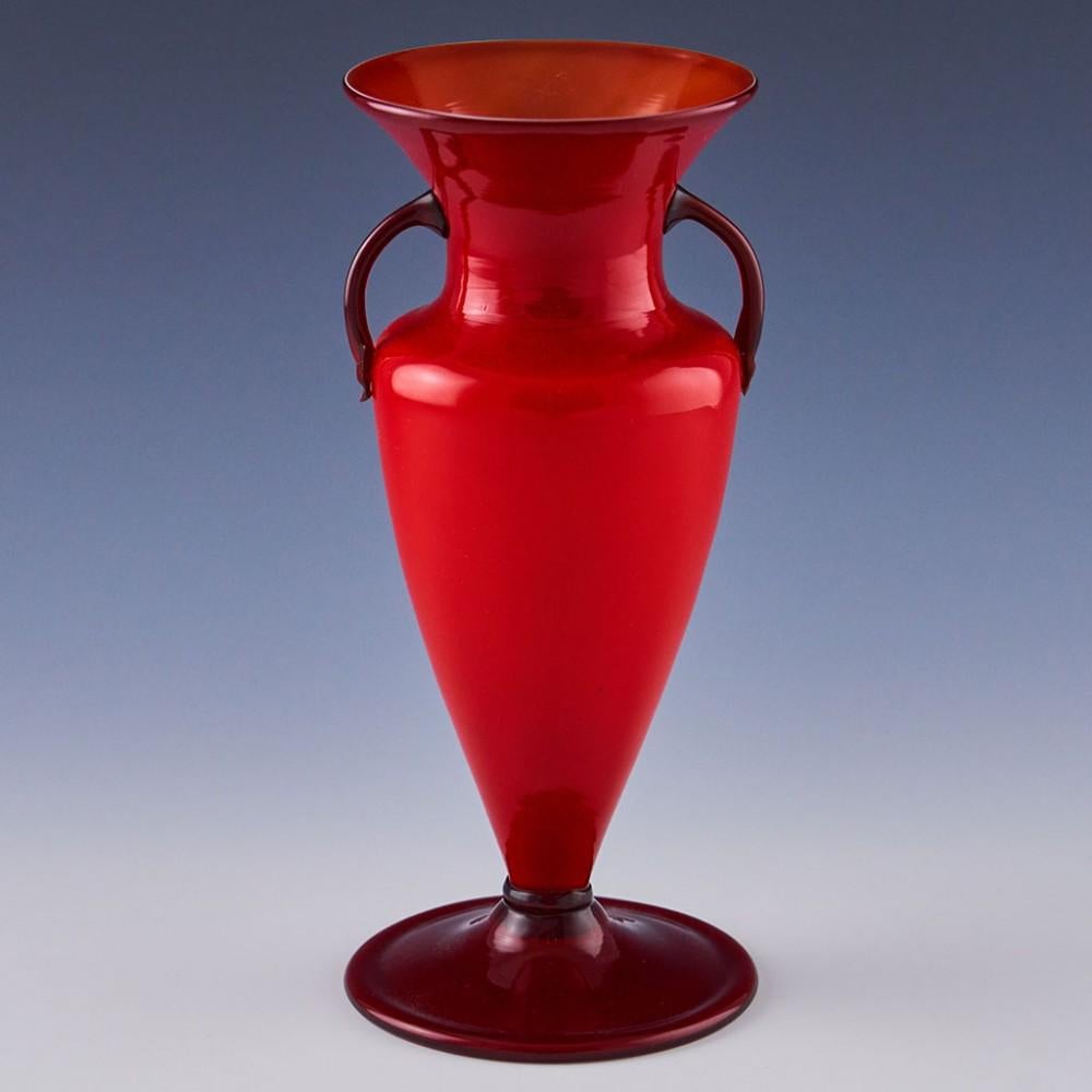  Art Murano handblown deep rich red layered Italian art glass vase by Vetrerie Artistiche Cirilo Maschio Glassworks1934. The incamiciato (in a sleeve) technique fuses a layer of opaque milk glass with clear coloured glass. This technique was