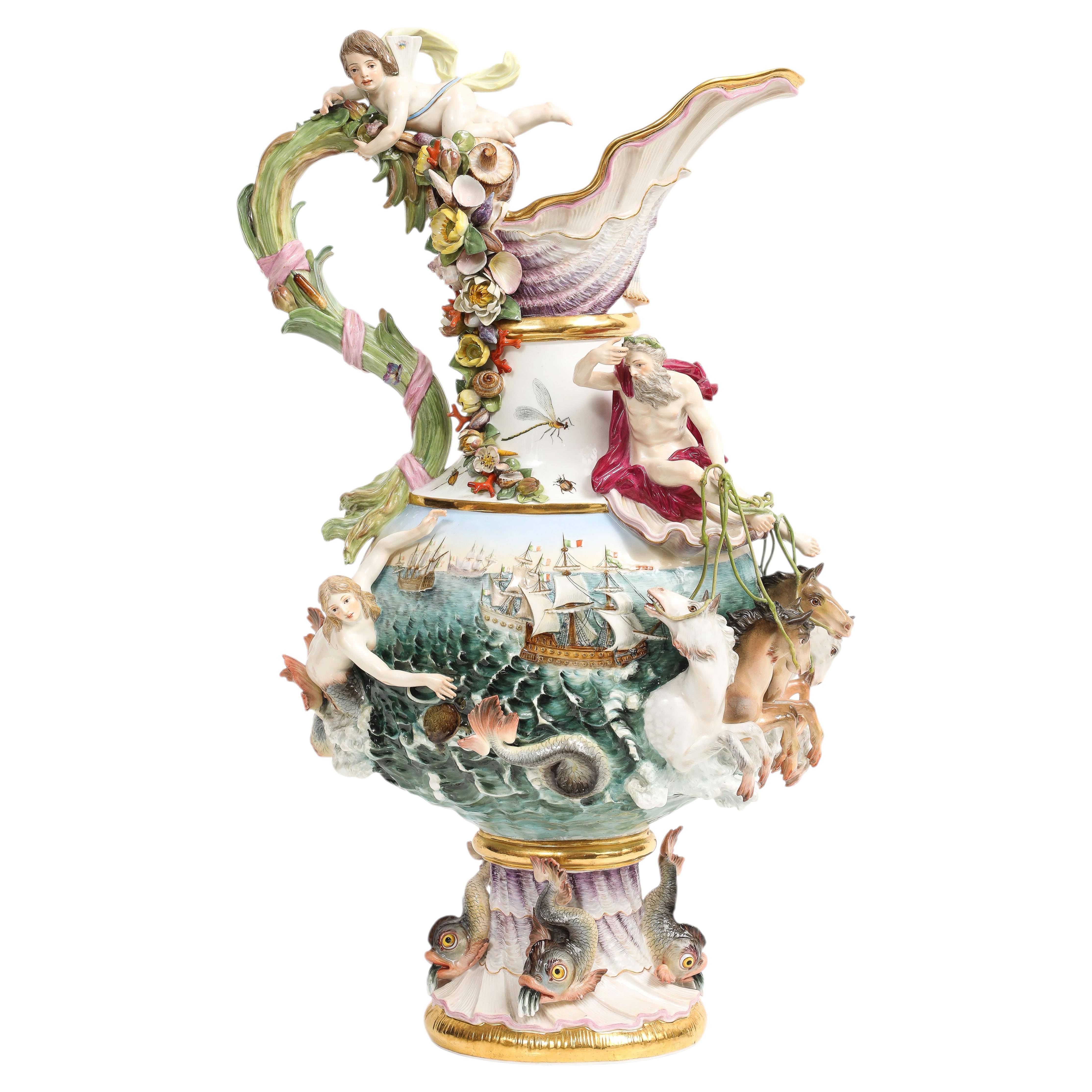 An Incredible 19th Century Meissen Porcelain “Elements” Ewer Emblematic of Water