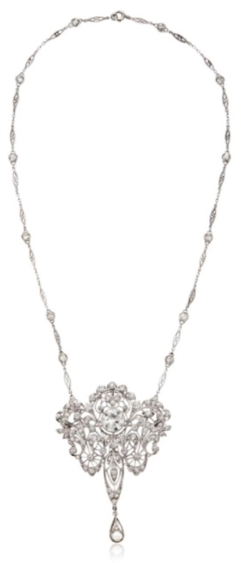 Unglaublicher Diamant-Anhänger-Halskette und Brosche aus der Belle Époque (Alteuropäischer Schliff) im Angebot