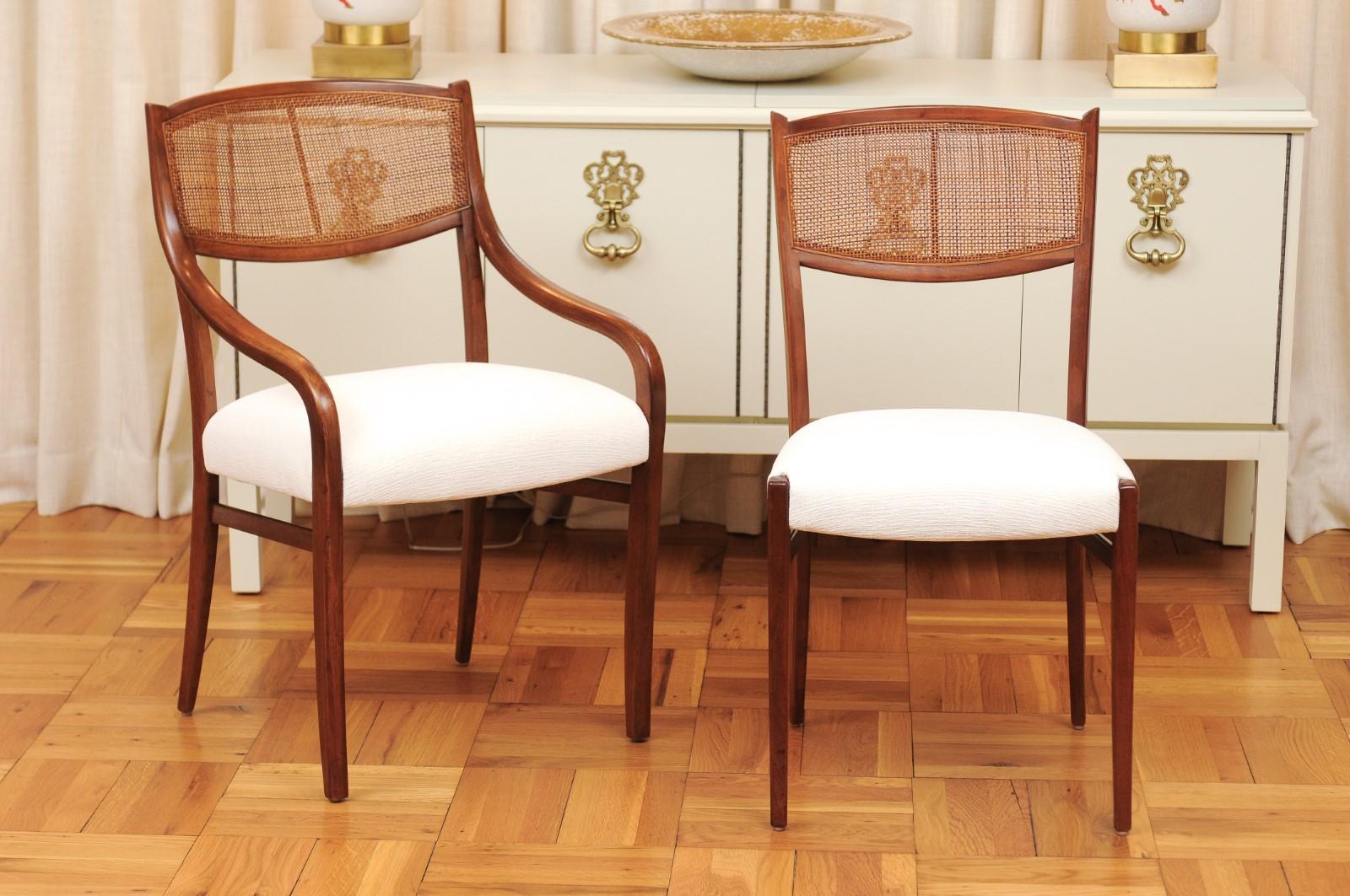 This magnificent set of iconic organic dining chairs is shipped as professionally photographed and described in the listing narrative: Meticulously professionally restored, newly custom upholstered and installation ready. Expert custom upholstery