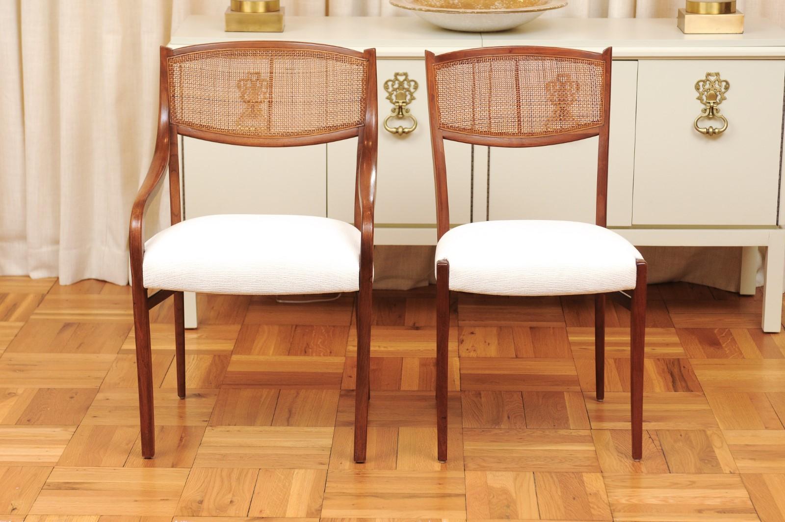 Mid-20th Century Incredible Set of 8 Walnut Cane Dining Chairs by Barney Flagg, circa 1960 For Sale