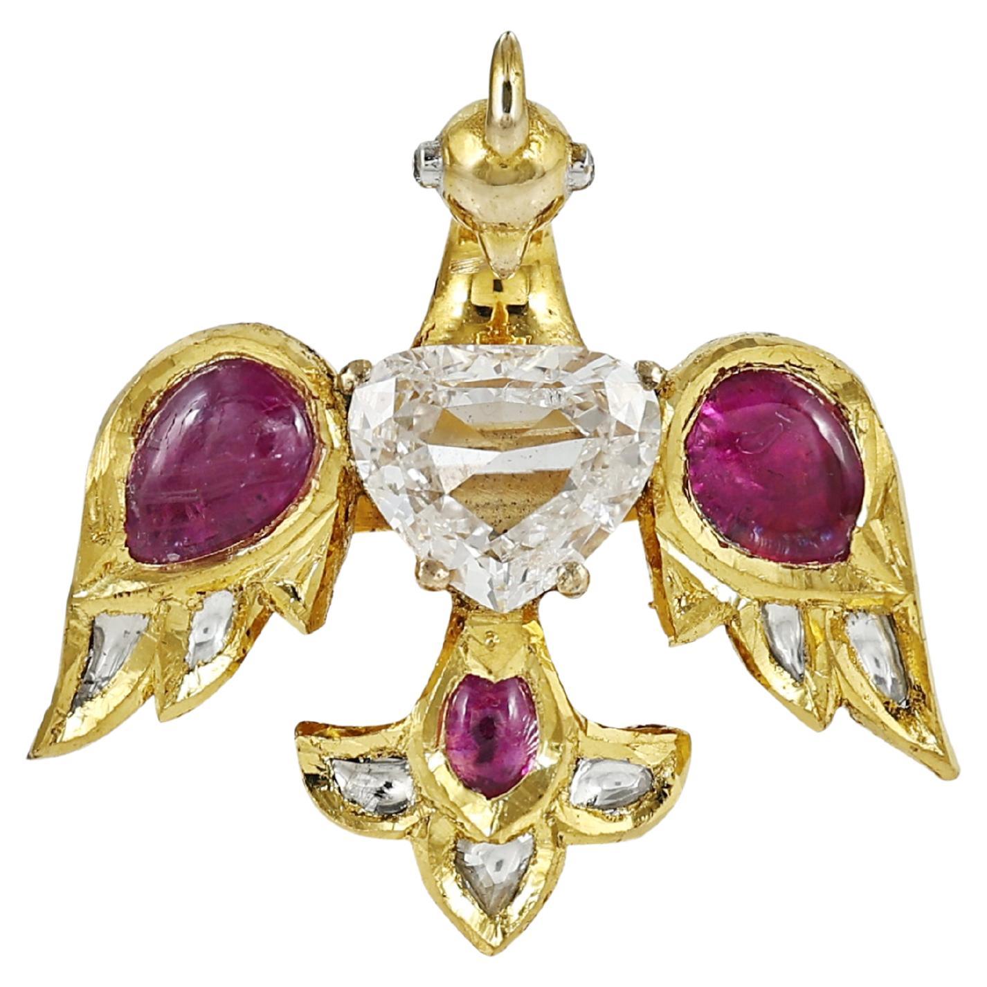 Anello indiano in oro 18 carati con pavone, diamante rosato da 1 carato al centro e rubini