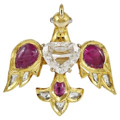 Anello indiano in oro 18 carati con pavone, diamante rosato da 1 carato al centro e rubini