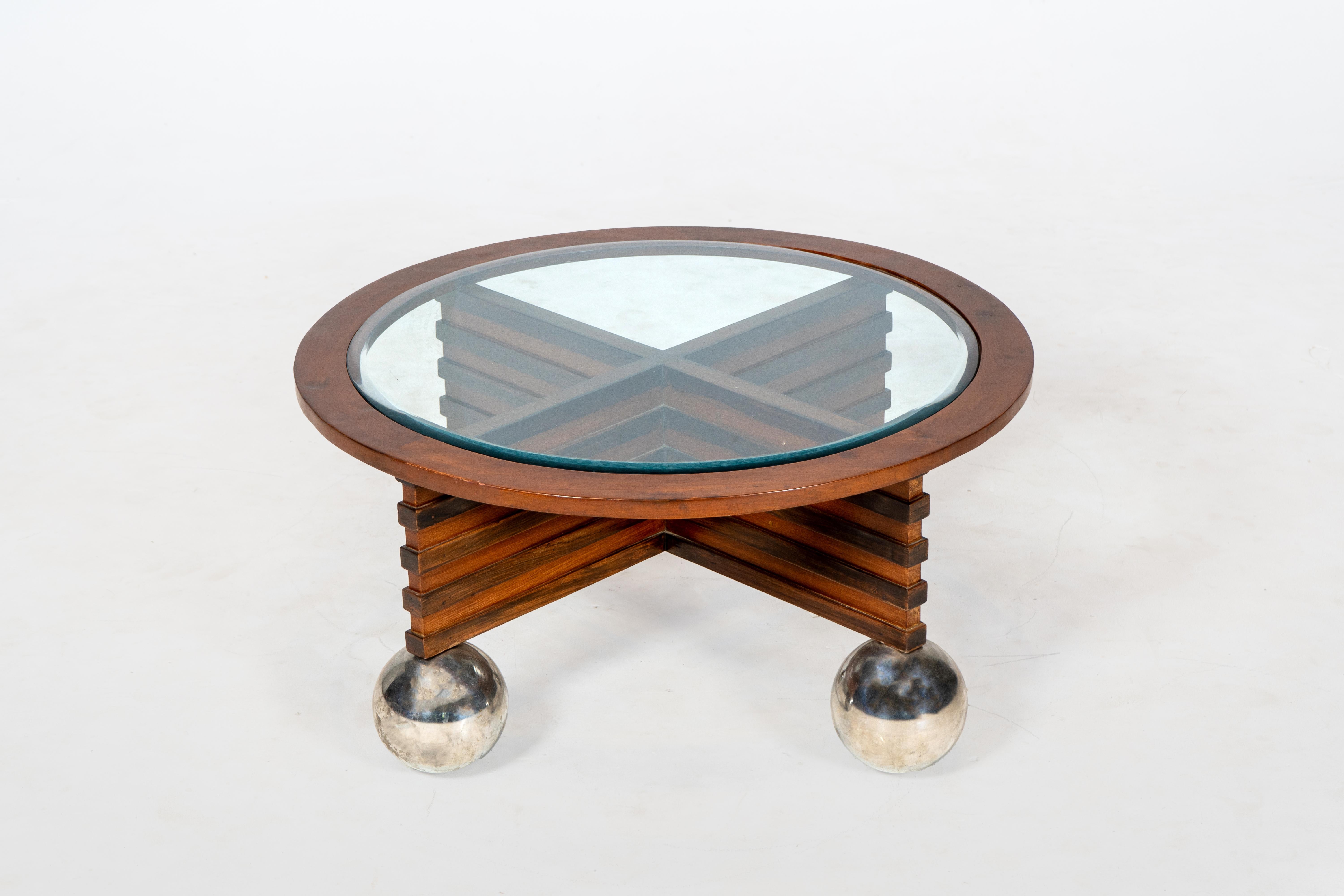 An Indian Art Deco Coffee Table with Chrome Ball Feet In Good Condition For Sale In Chicago, IL