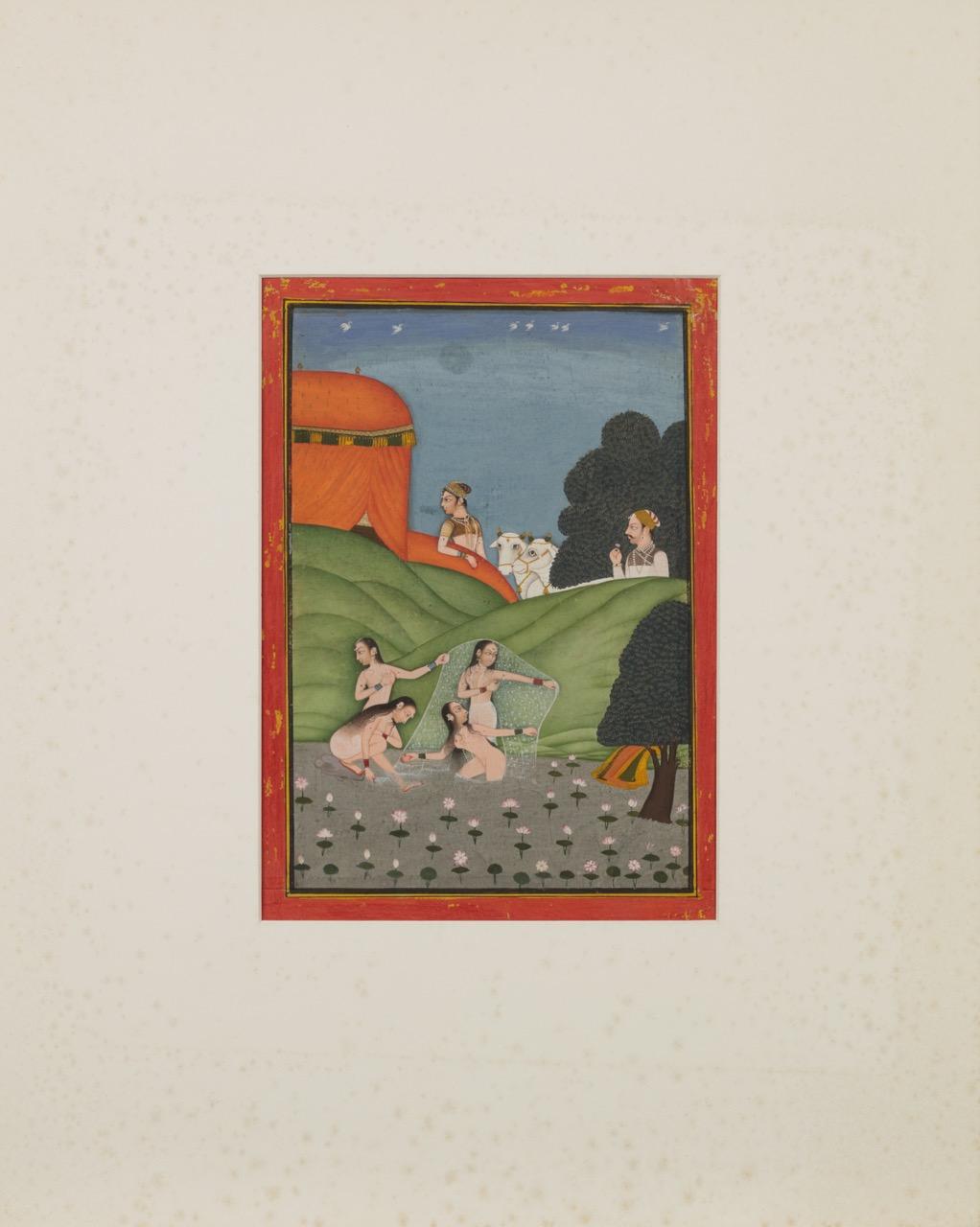 Painted An Indian miniature painting depicting a prince surprising bathing maidens For Sale