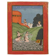 Peinture miniature indienne représentant un prince surprenant des jeunes filles en train de se baigner