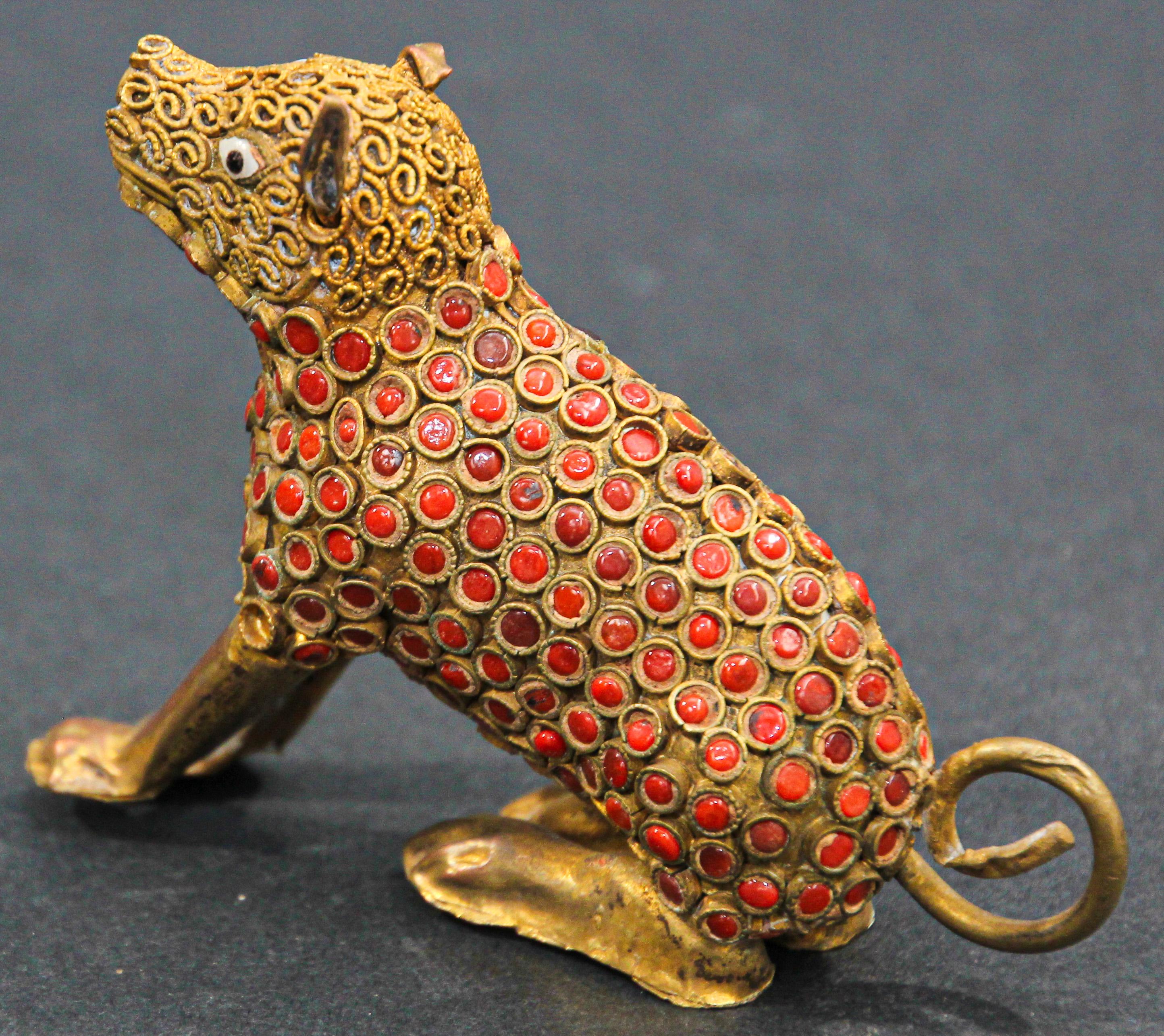 Indian Mughal Style Brass and Red Stone Inset Dog Figure 3