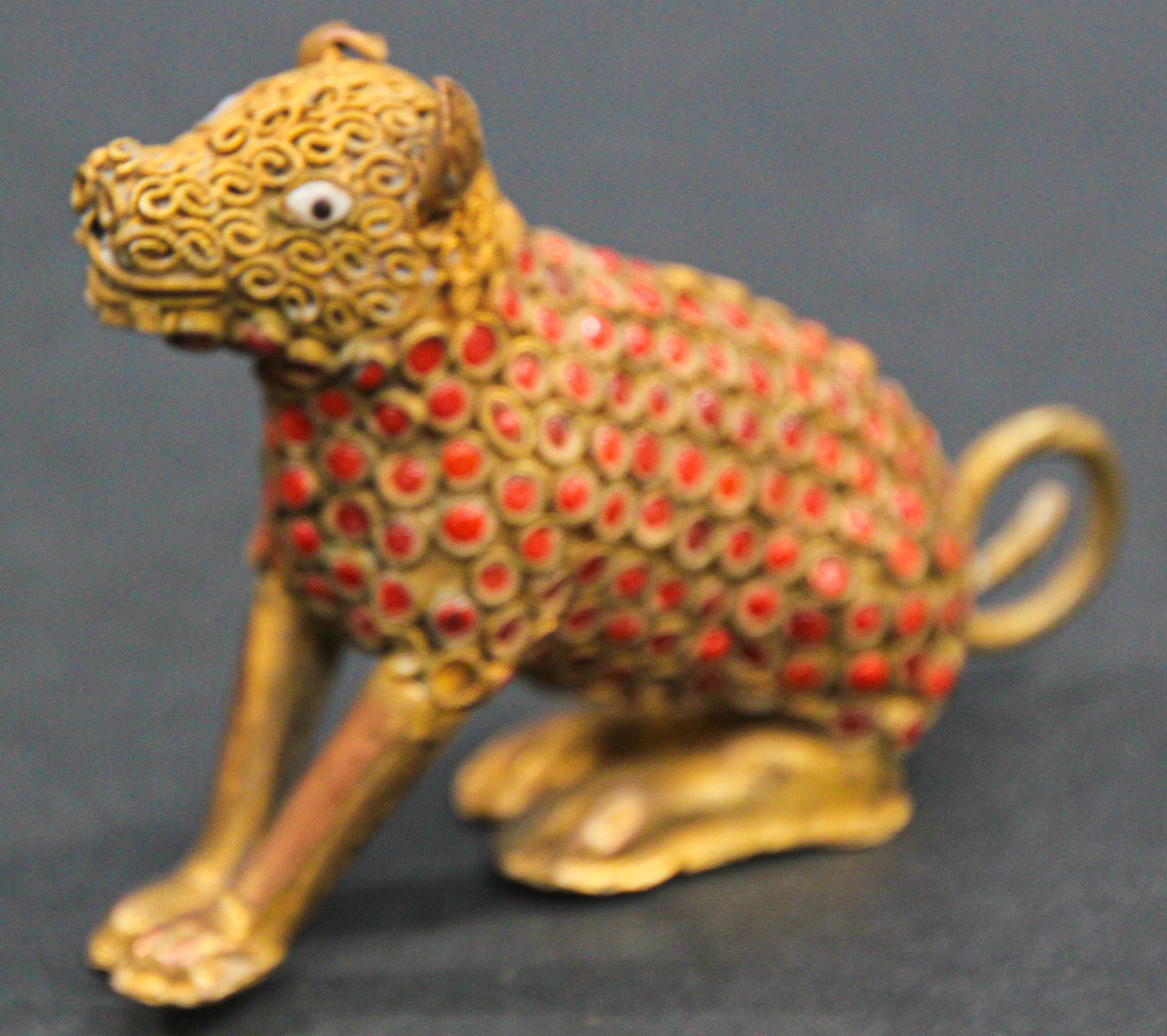 Indian Mughal Style Brass and Red Stone Inset Dog Figure 5