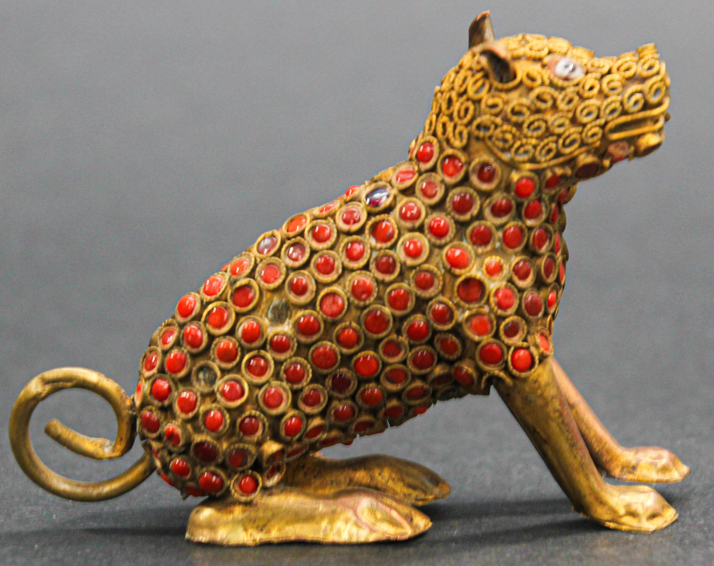 Anglo Raj Indian Mughal Style Brass and Red Stone Inset Dog Figure