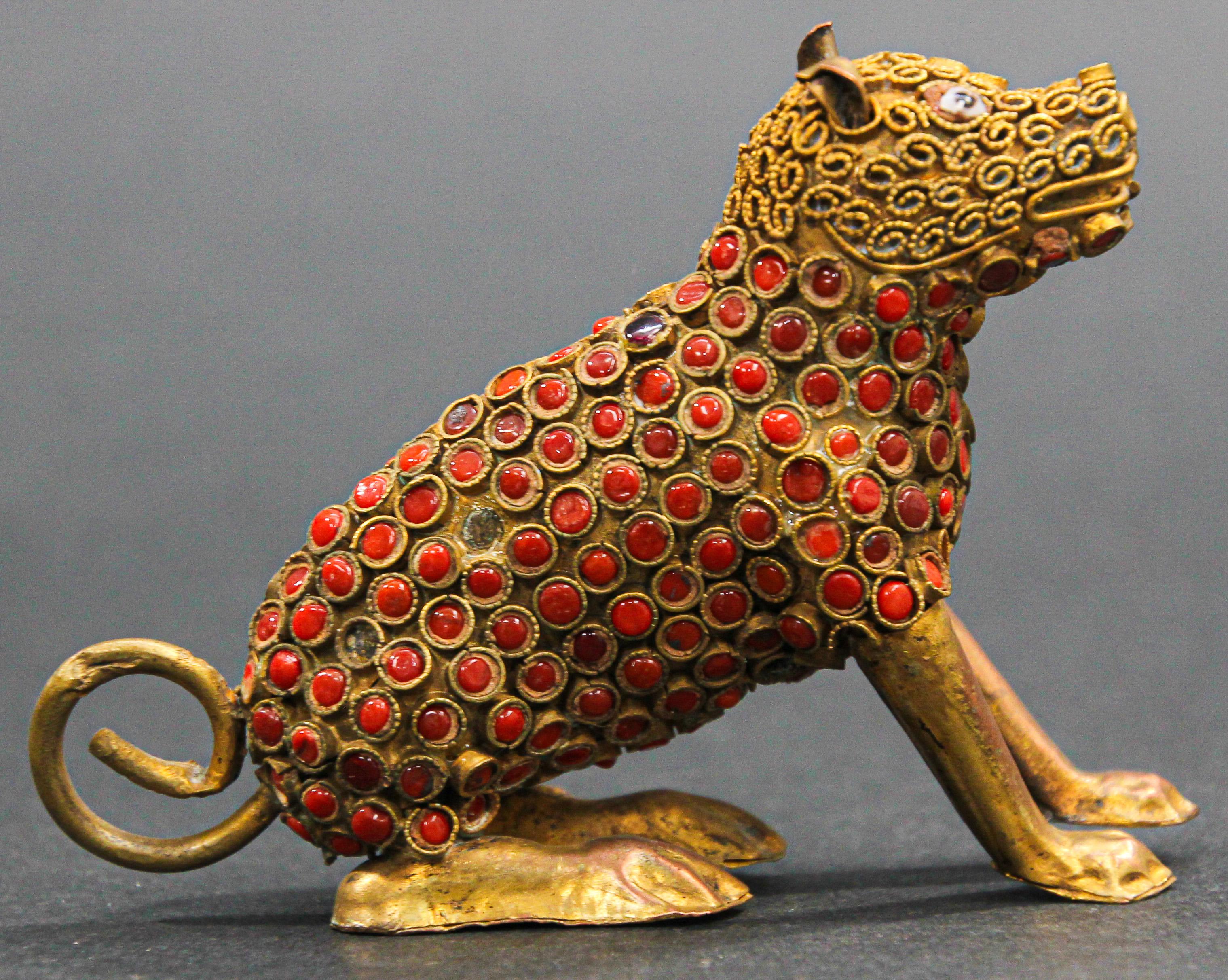 Hand-Crafted Indian Mughal Style Brass and Red Stone Inset Dog Figure