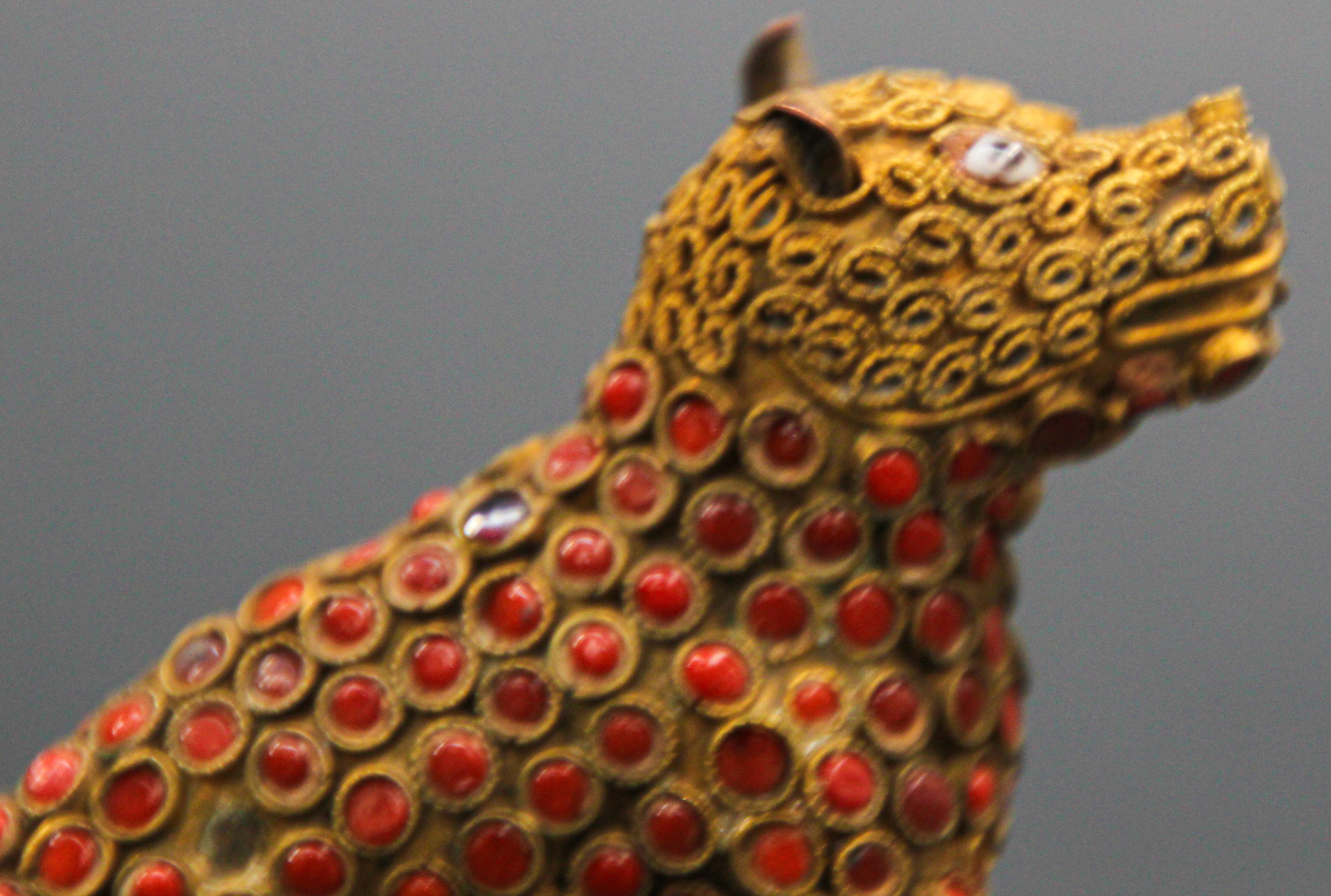 Indian Mughal Style Brass and Red Stone Inset Dog Figure In Good Condition In North Hollywood, CA