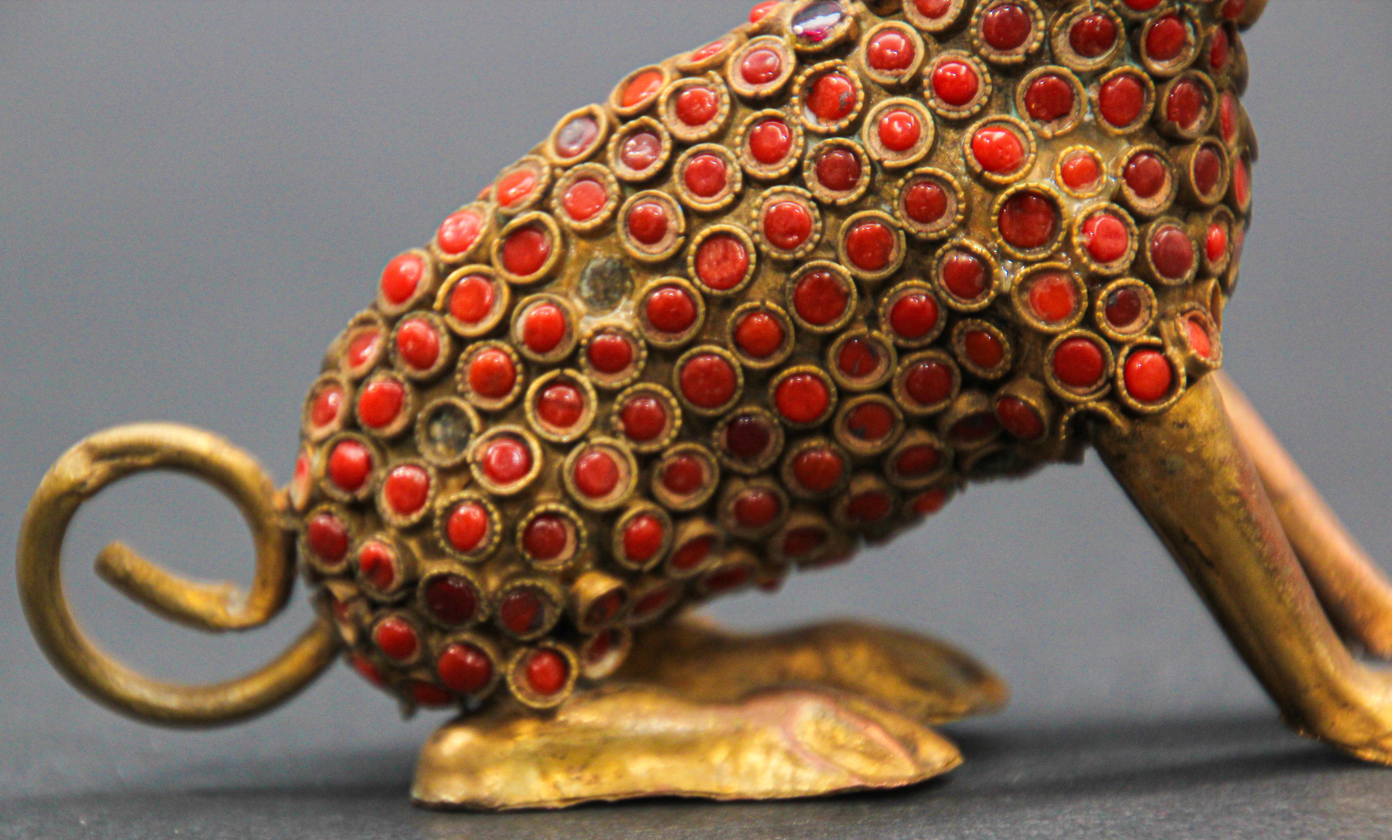 20th Century Indian Mughal Style Brass and Red Stone Inset Dog Figure