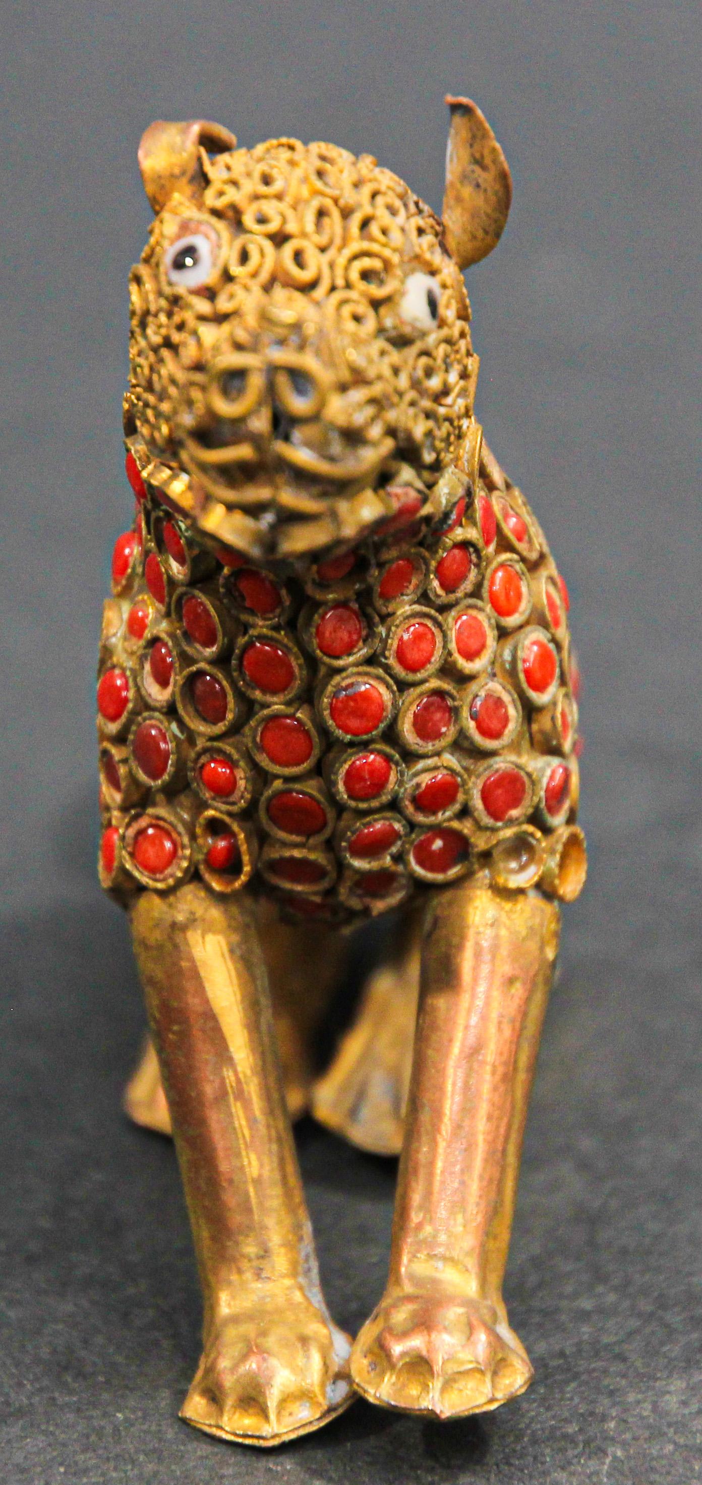 Metal Indian Mughal Style Brass and Red Stone Inset Dog Figure