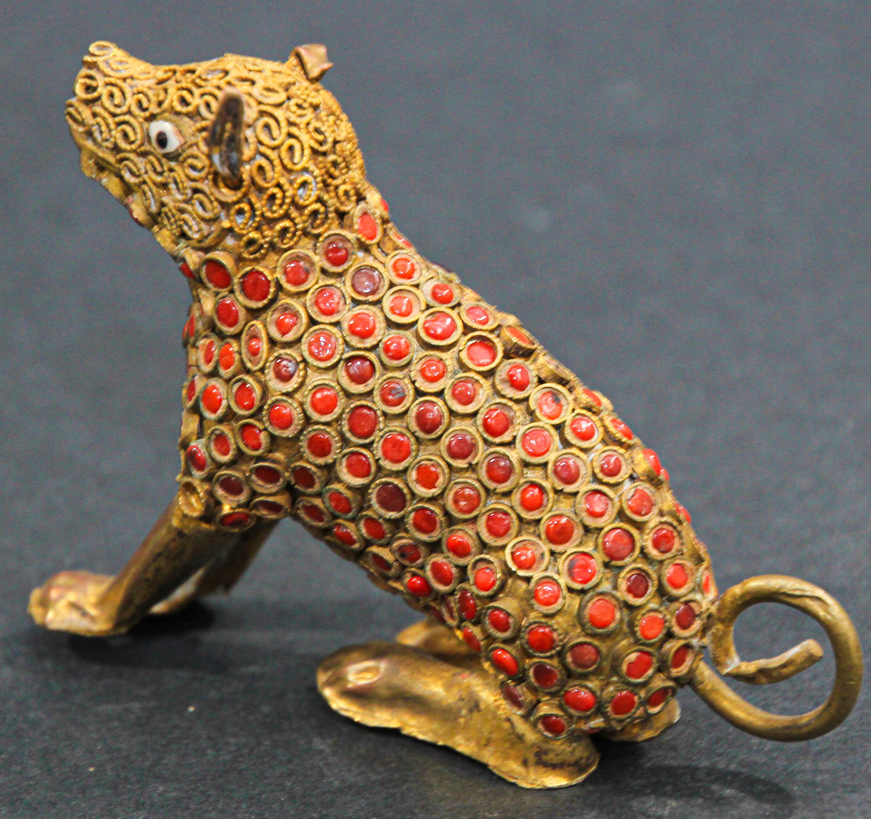 Indian Mughal Style Brass and Red Stone Inset Dog Figure 1