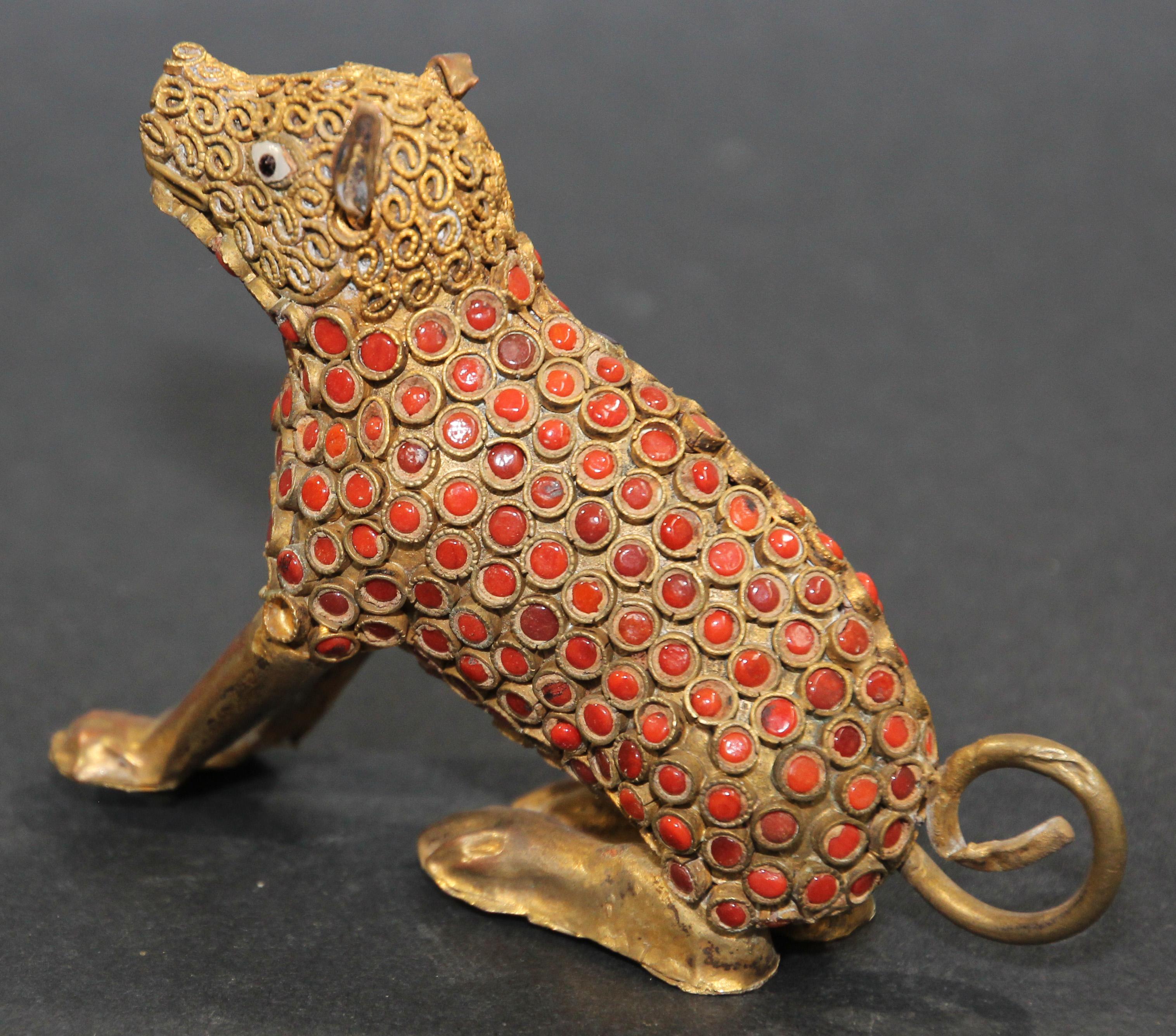 Indian Mughal Style Brass and Red Stone Inset Dog Figure 2