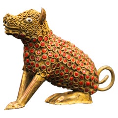 Indian Mughal Style Brass and Red Stone Inset Dog Figure