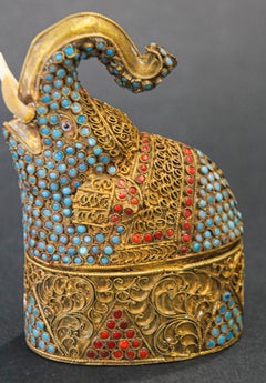 Indian Mughal Style Gem-Set Gilt Brass Snuff Box in Elephant Shape