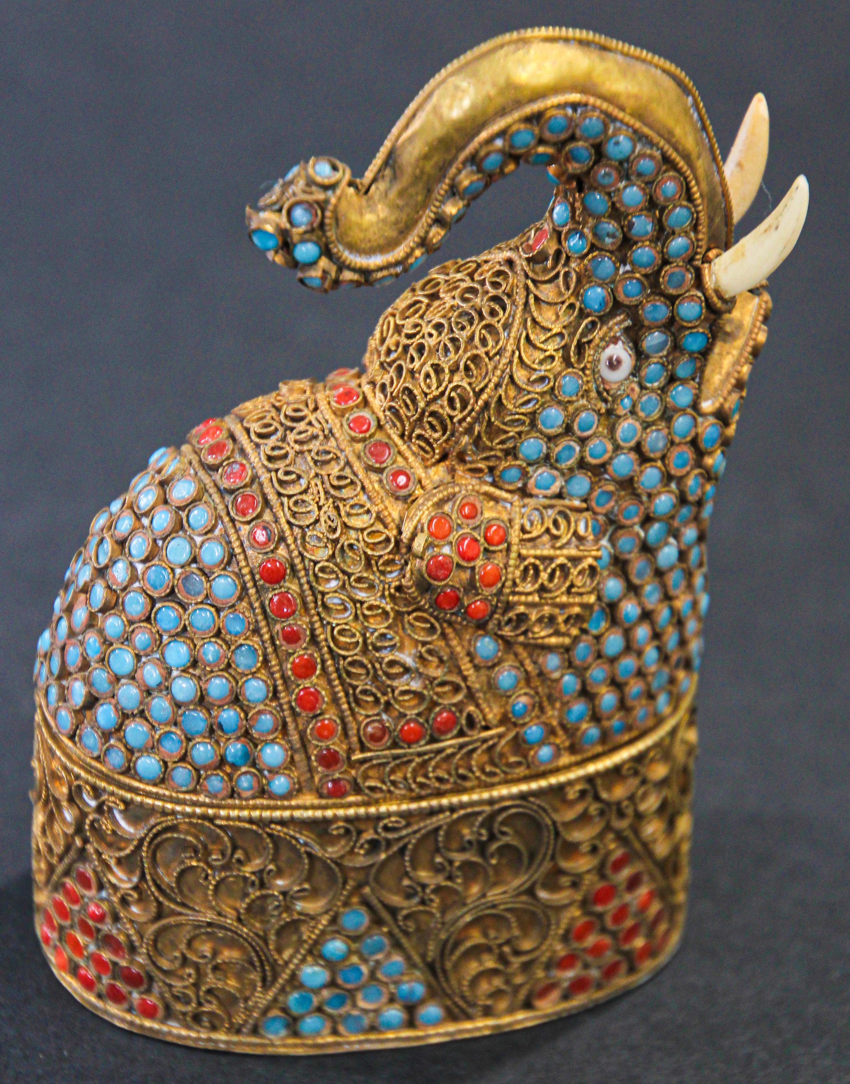 Metal Indian Mughal Style Gem-Set Gilt Brass Snuff Box in Elephant Shape For Sale