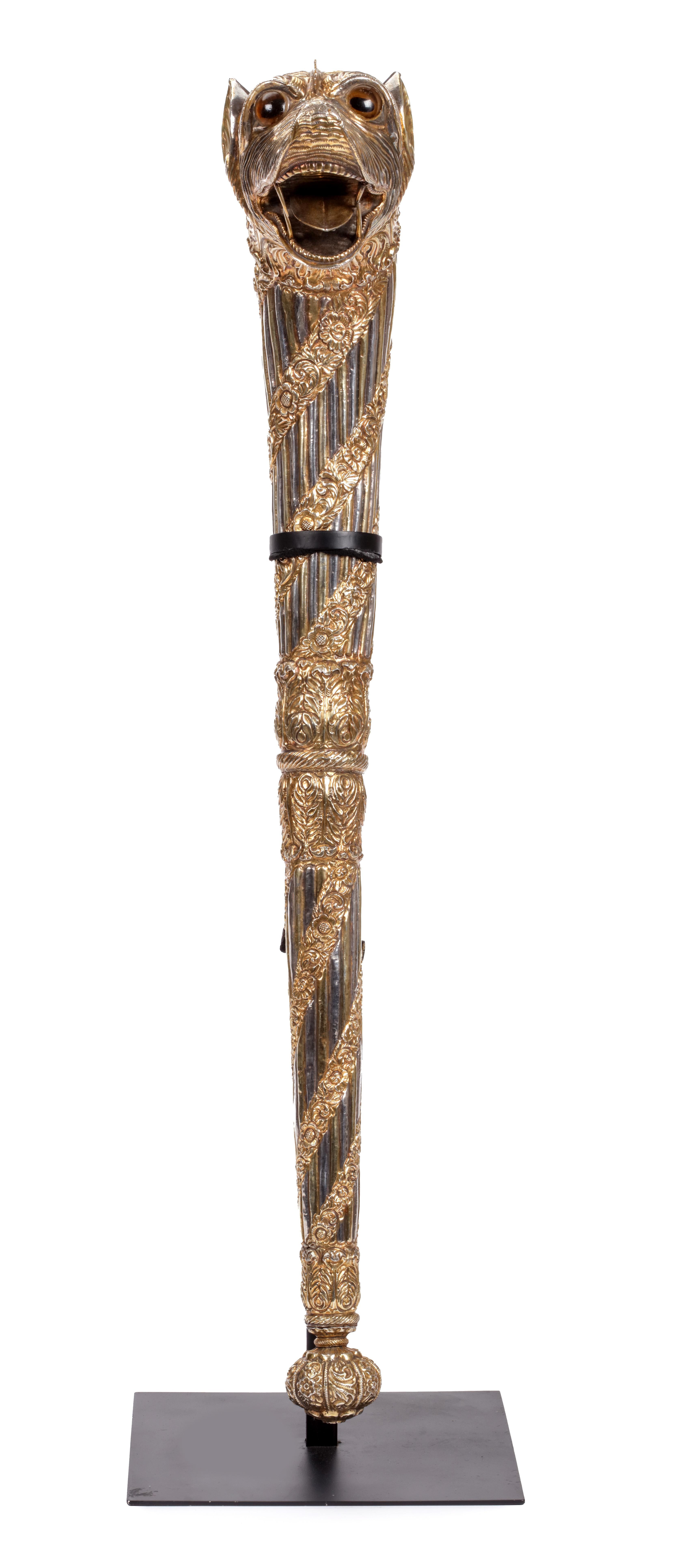 Gilt An Indian part-gilt silver-clad ceremonial sceptre or mace with a tiger’s head For Sale