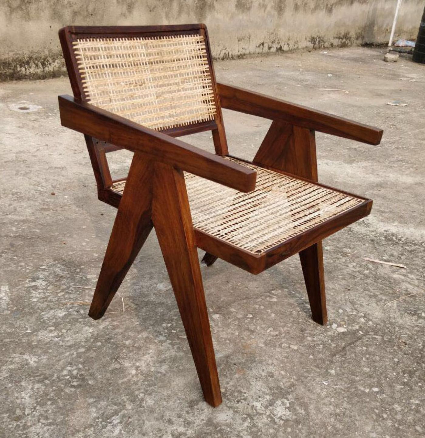 Mid-Century Modern Indian Rosewood and Bamboo Modern Chair in the Style of Jeanneret, Chandigarh For Sale